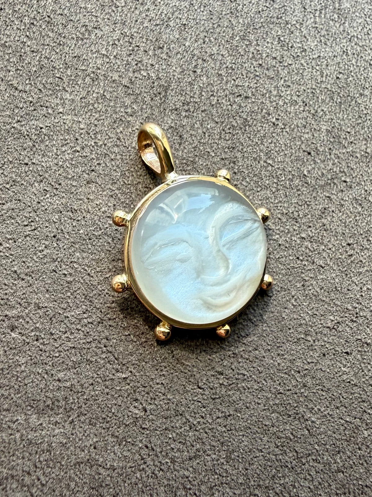 14k Solid Yellow Gold, White Moonstone “Sun” Pendant, Small Size