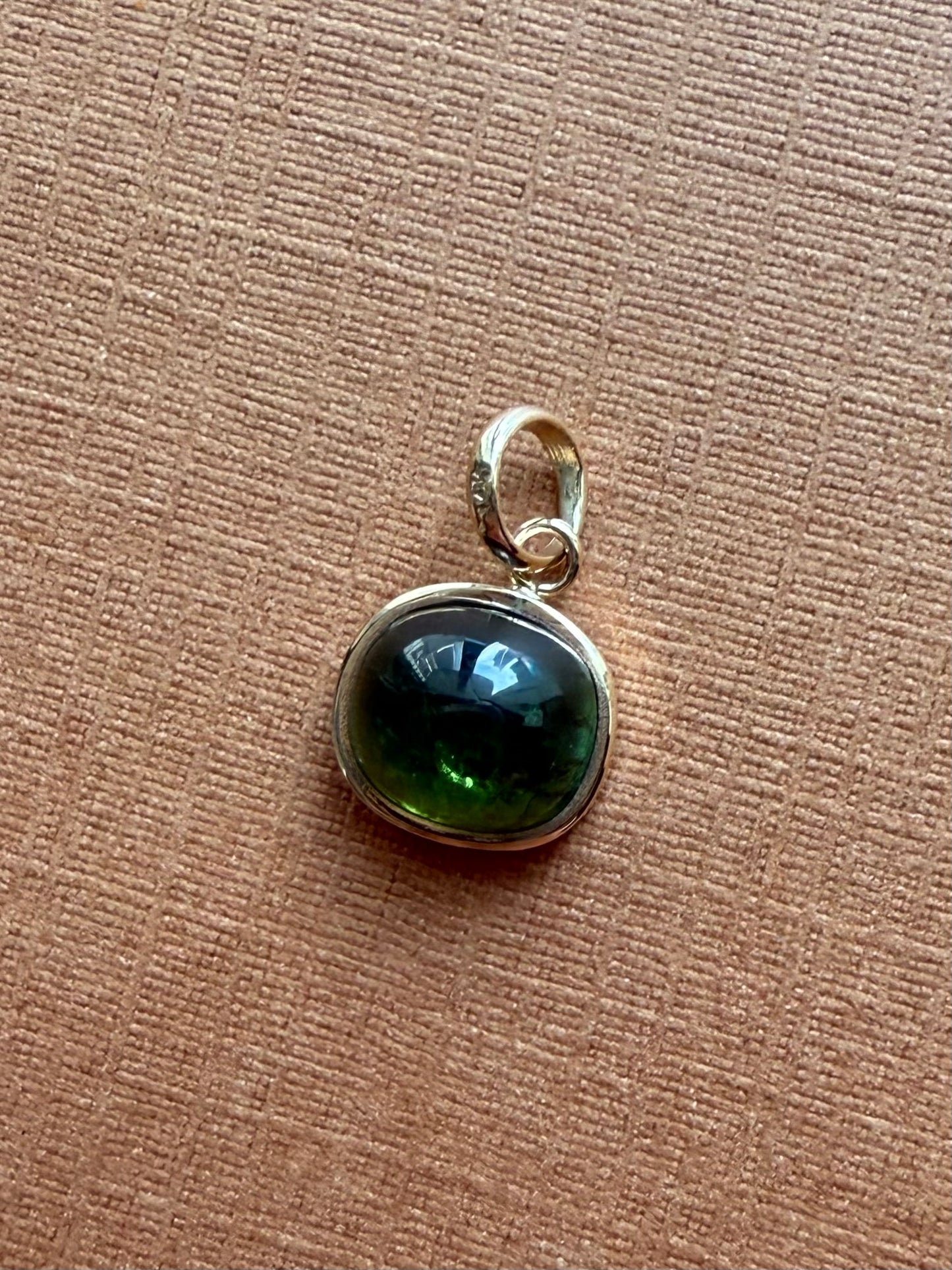 14k Solid Yellow Gold, Natural Green Tourmaline Cabochon Tiny Pendant