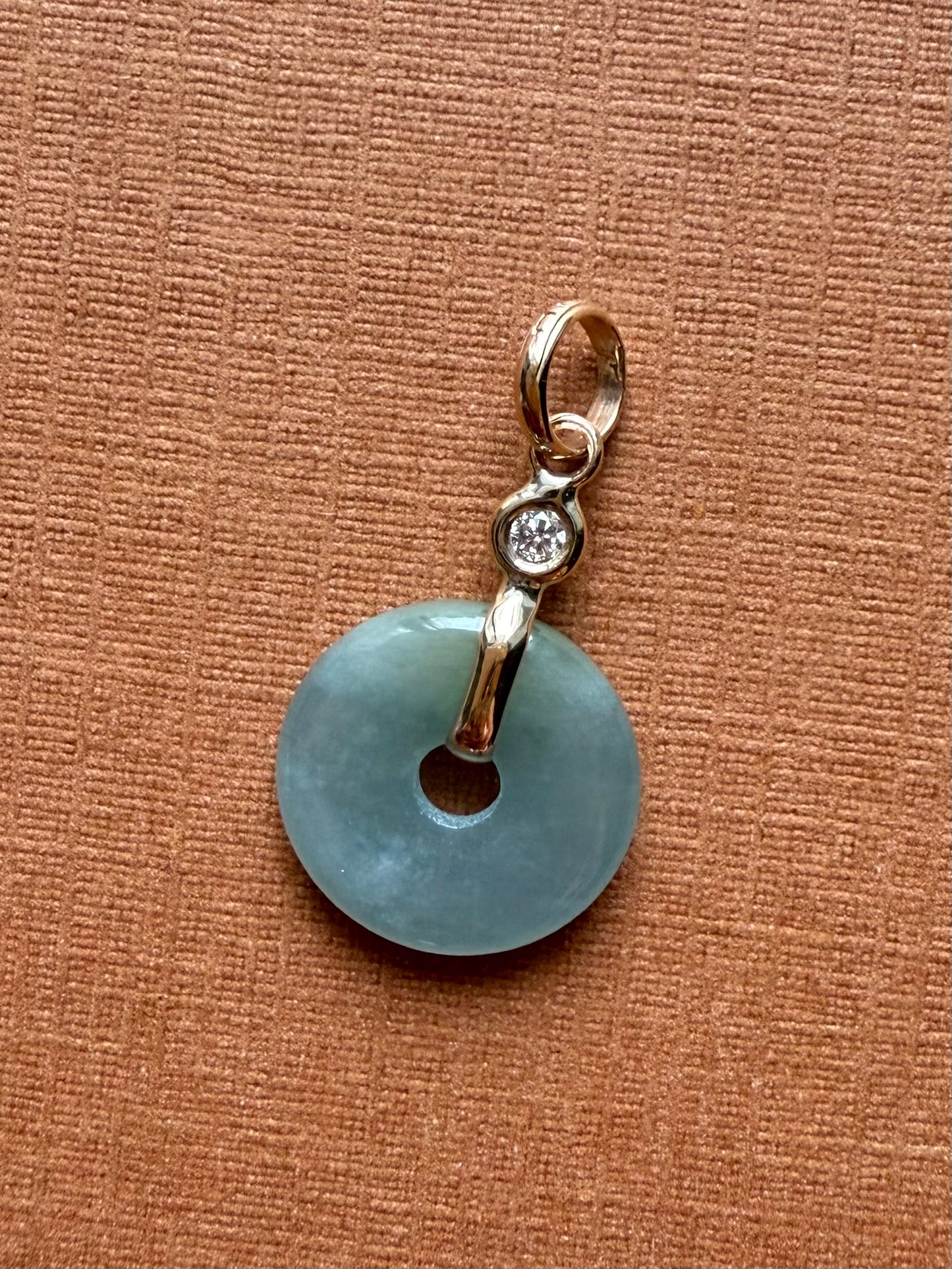 14k Solid Yellow Gold, White Diamond, Pale Green Jade “Donut” Pendant, Tiny Size