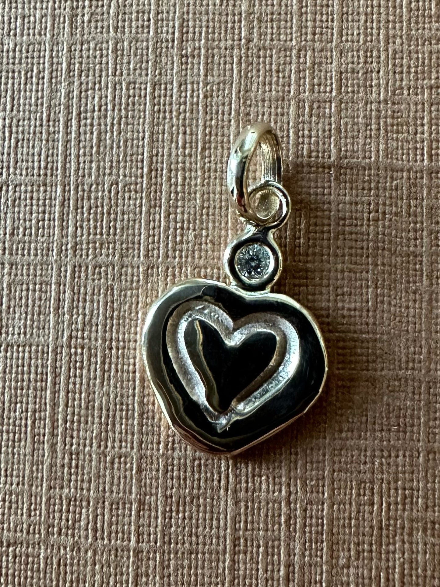 14K Solid Yellow Gold Nugget “Heart” Mini Pendant, With Diamond, Tiny Charm