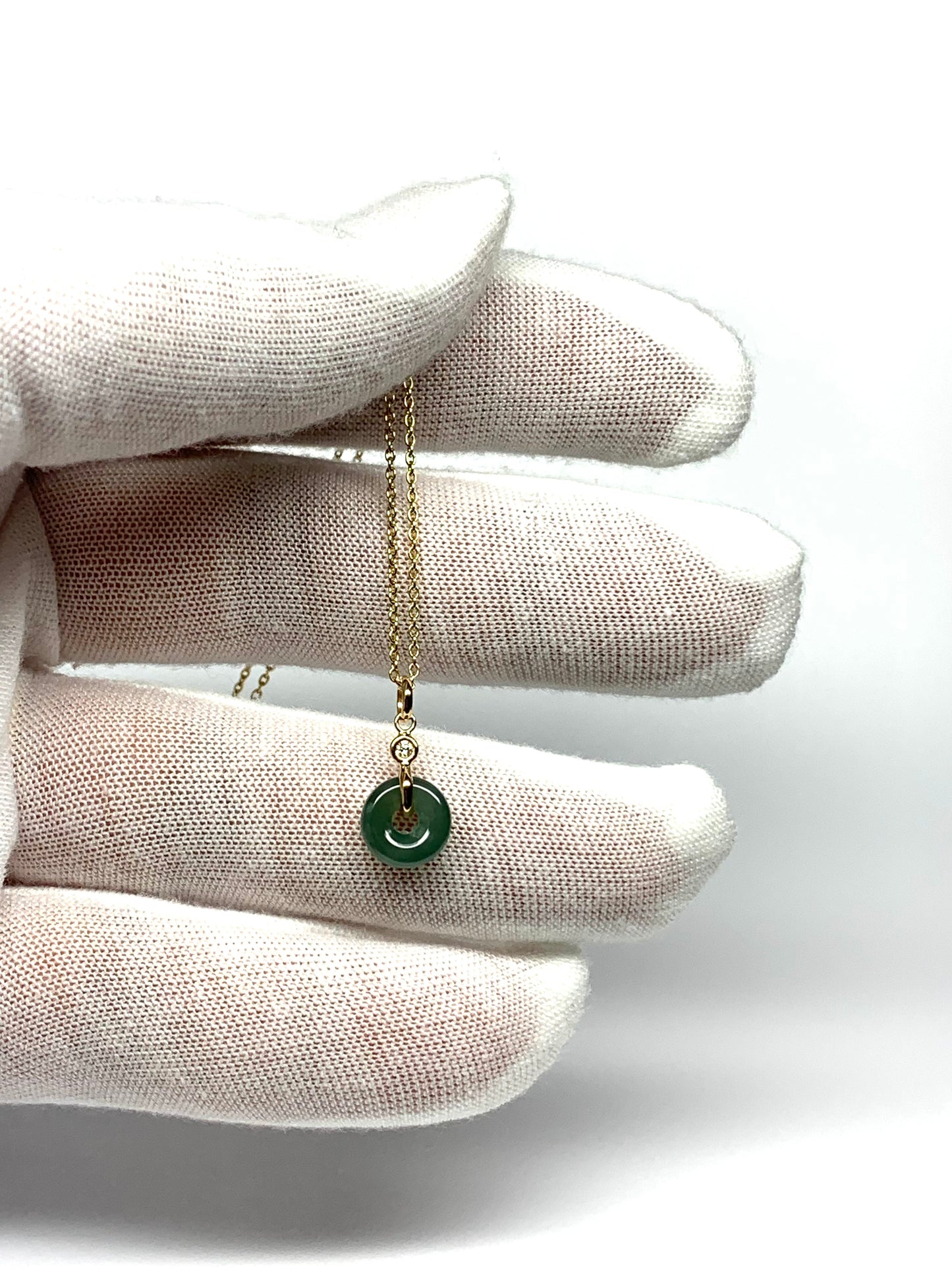 14k Solid Yellow Gold, White Diamond, Pale Green Jade “Donut” Pendant, Tiny Size