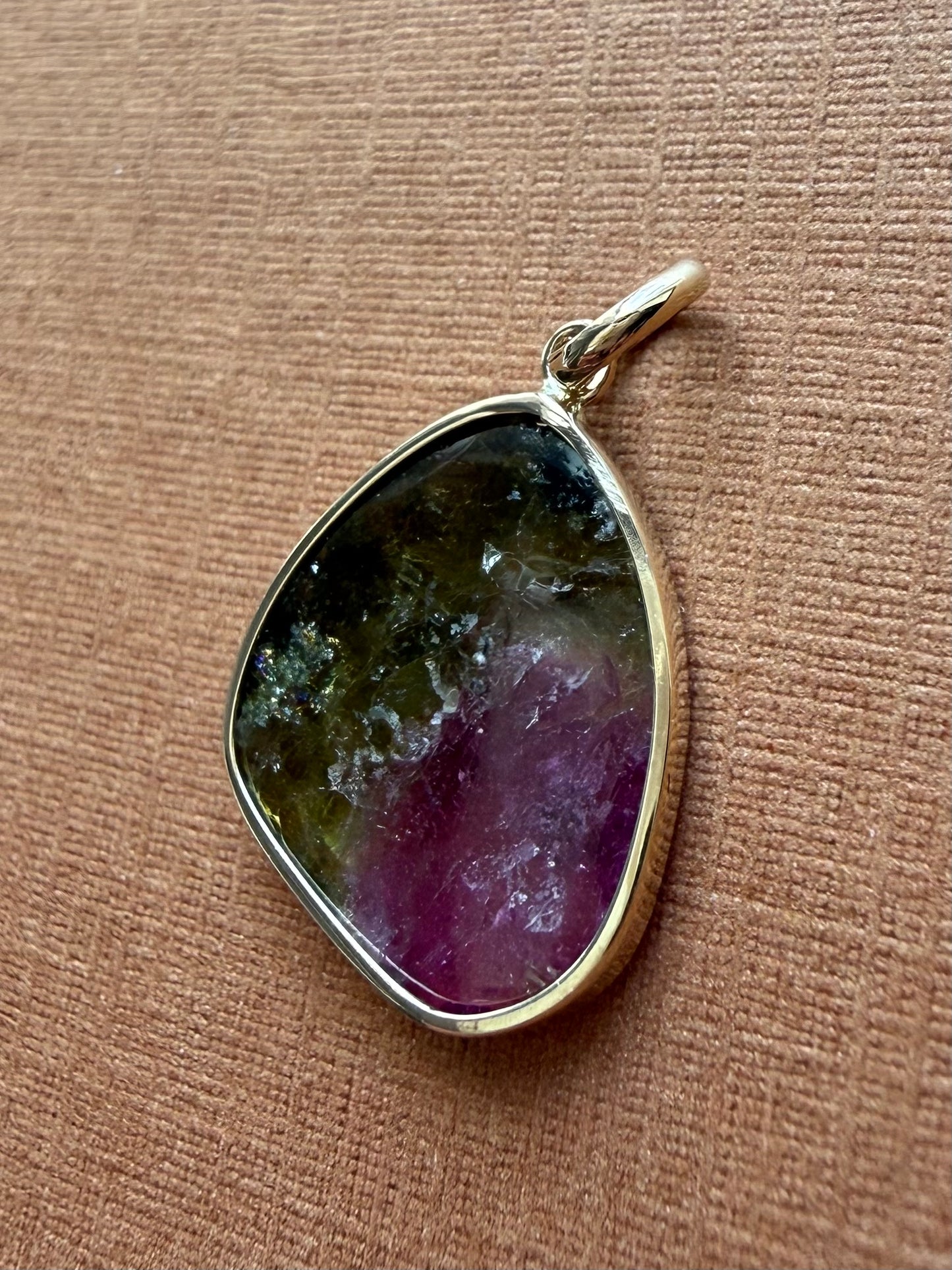 14k Solid Yellow Gold, Natural Pink Green Tourmaline Pendant