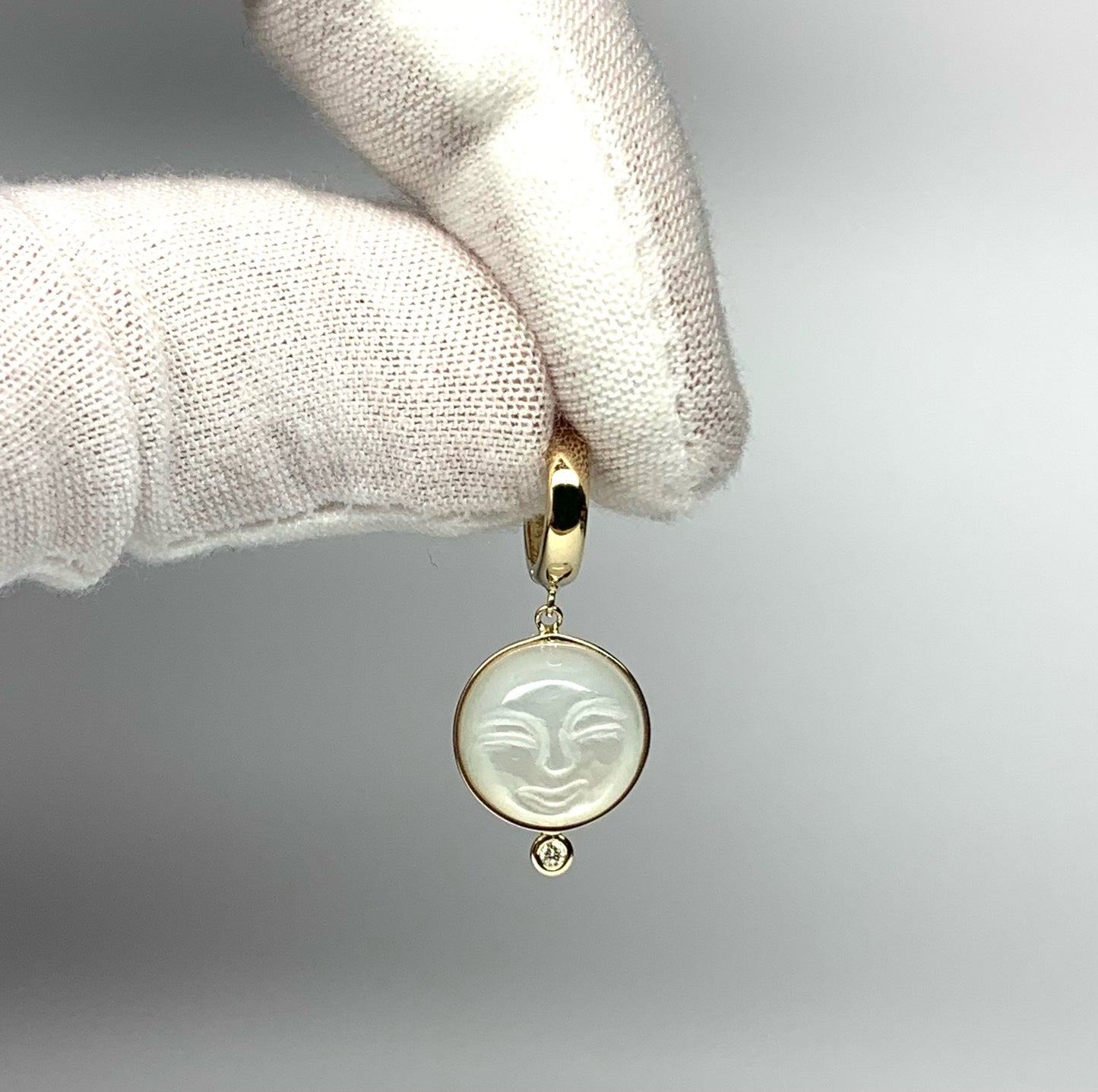 14k Solid Yellow Gold, Diamonds, White Moonstone “Moon and Star” Mini Earrings