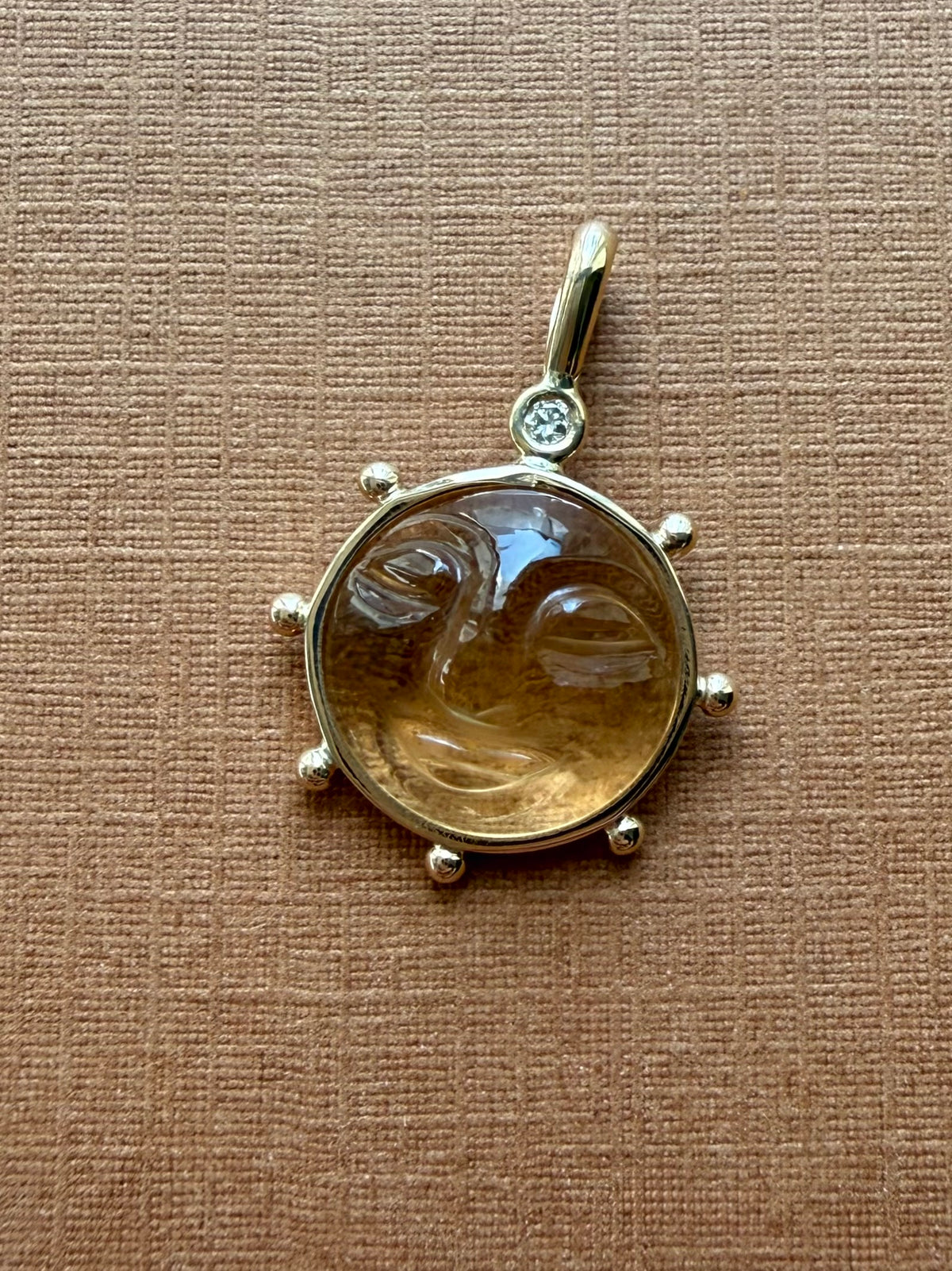 14k Solid Yellow Gold, White Diamond, Yellow Citrine “Sun” Pendant, Small Size