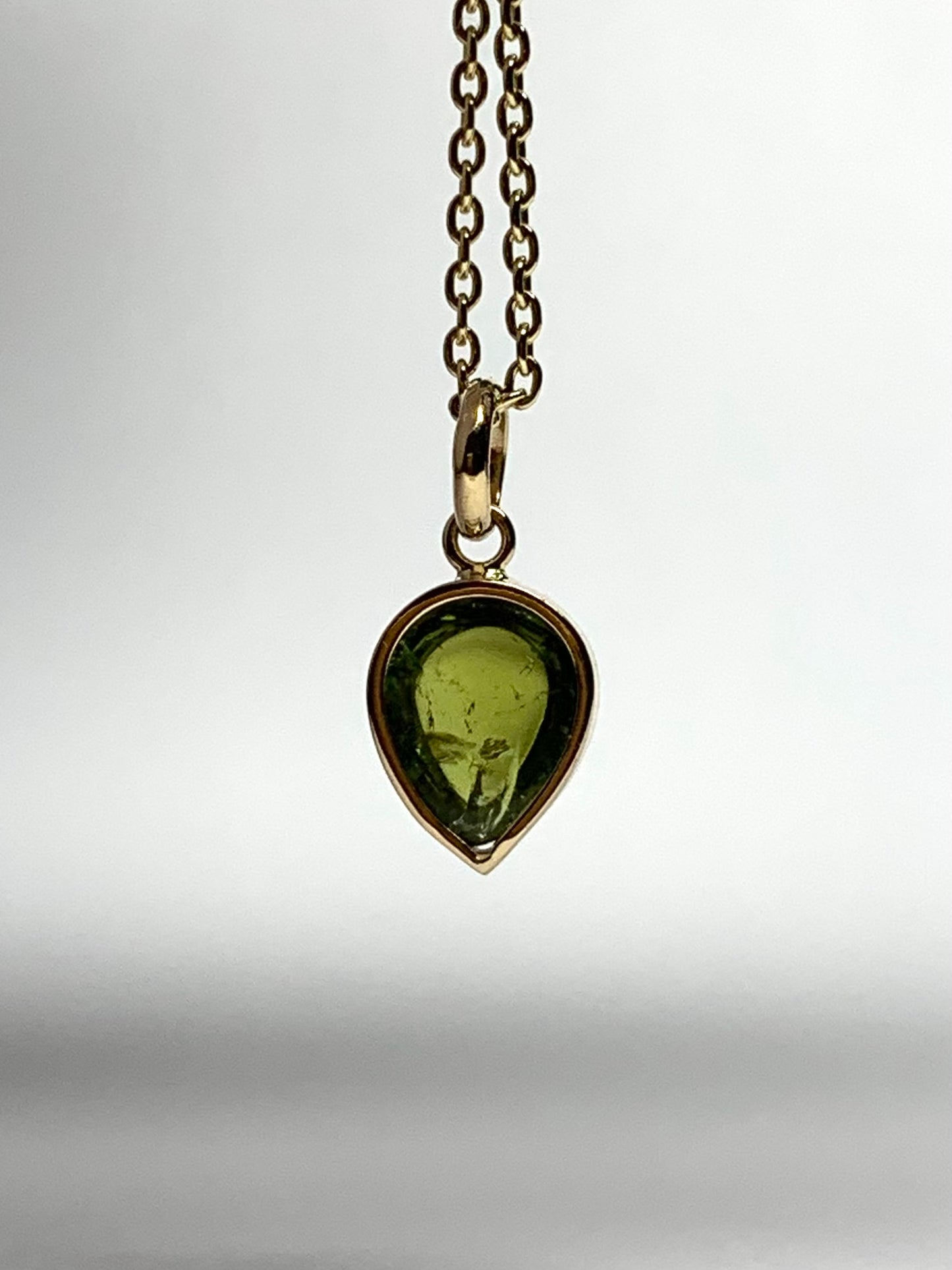 14k Solid Yellow Gold, Natural Green Tourmaline Pear Cabochon Tiny Pendant