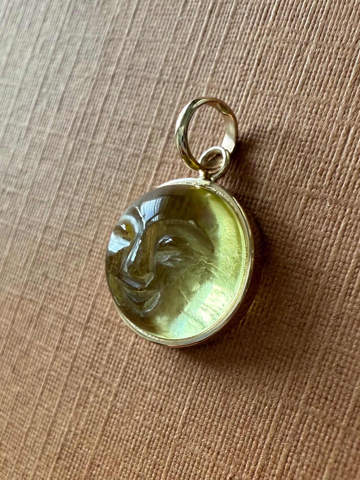“Mini Moon" Pendant, 14K Solid Yellow Gold, Lemon Olive Quartz, Tiny Size