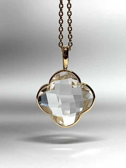 14k Solid Yellow Gold, Clear Quartz Pendant “Clover”