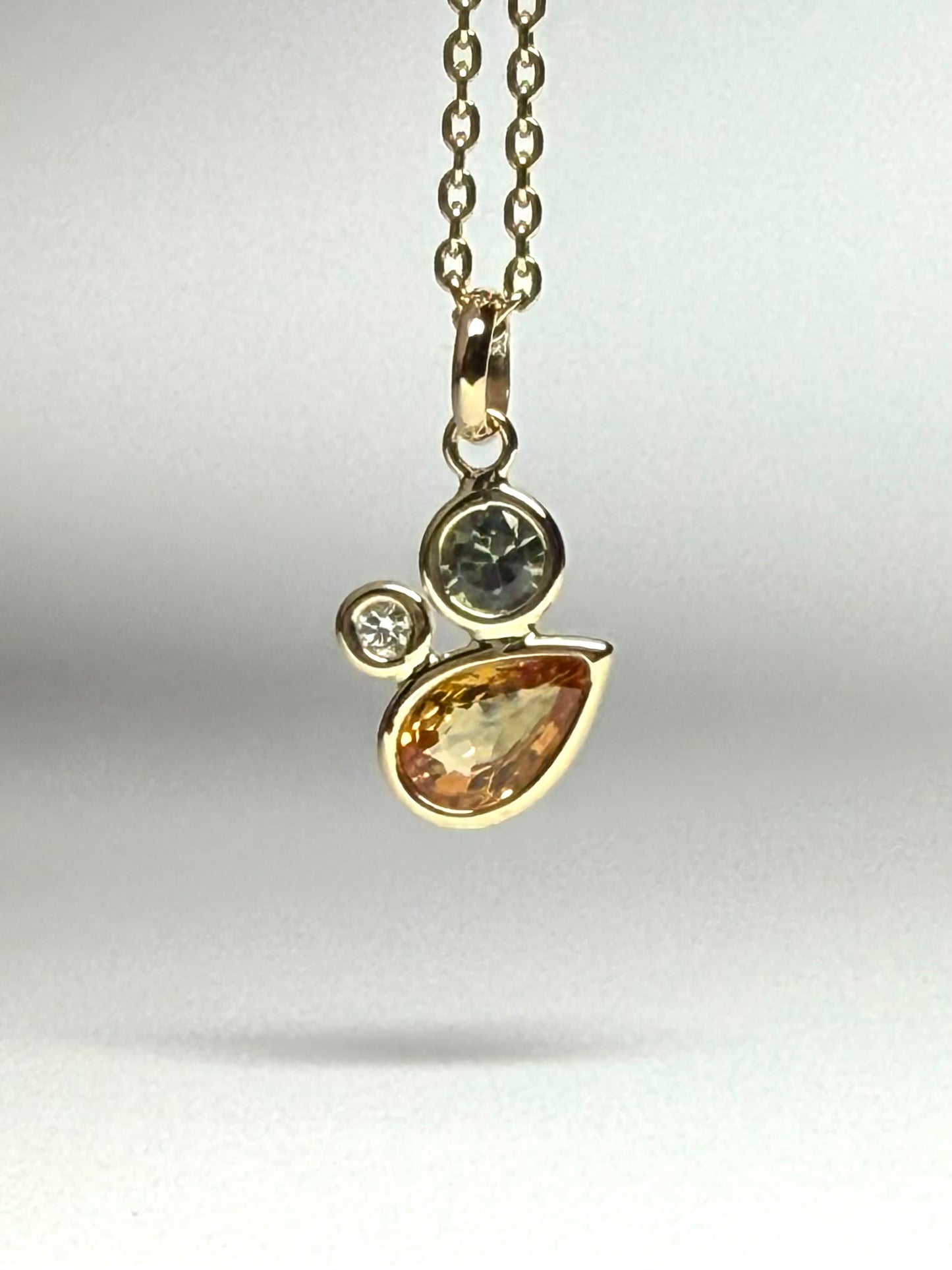 14K Solid Yellow Gold, Diamond, Multi Color Sapphires Cluster Pendant, Tiny Size