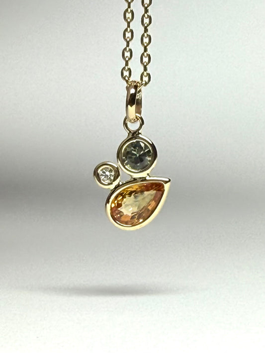 14K Solid Yellow Gold, Diamond, Multi Color Sapphires Cluster Pendant, Tiny Size