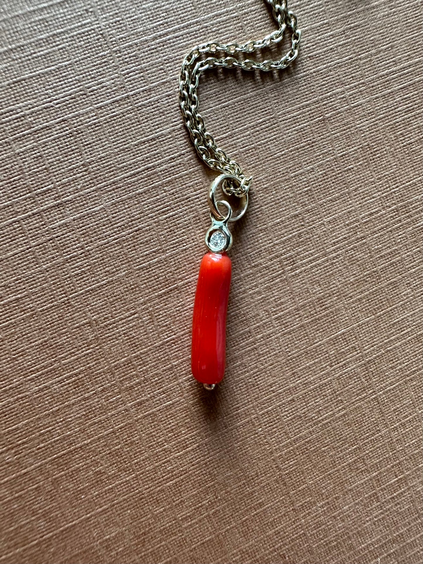 14k Solid Yellow Gold, Diamond, Red Coral Tiny Charm Pendant