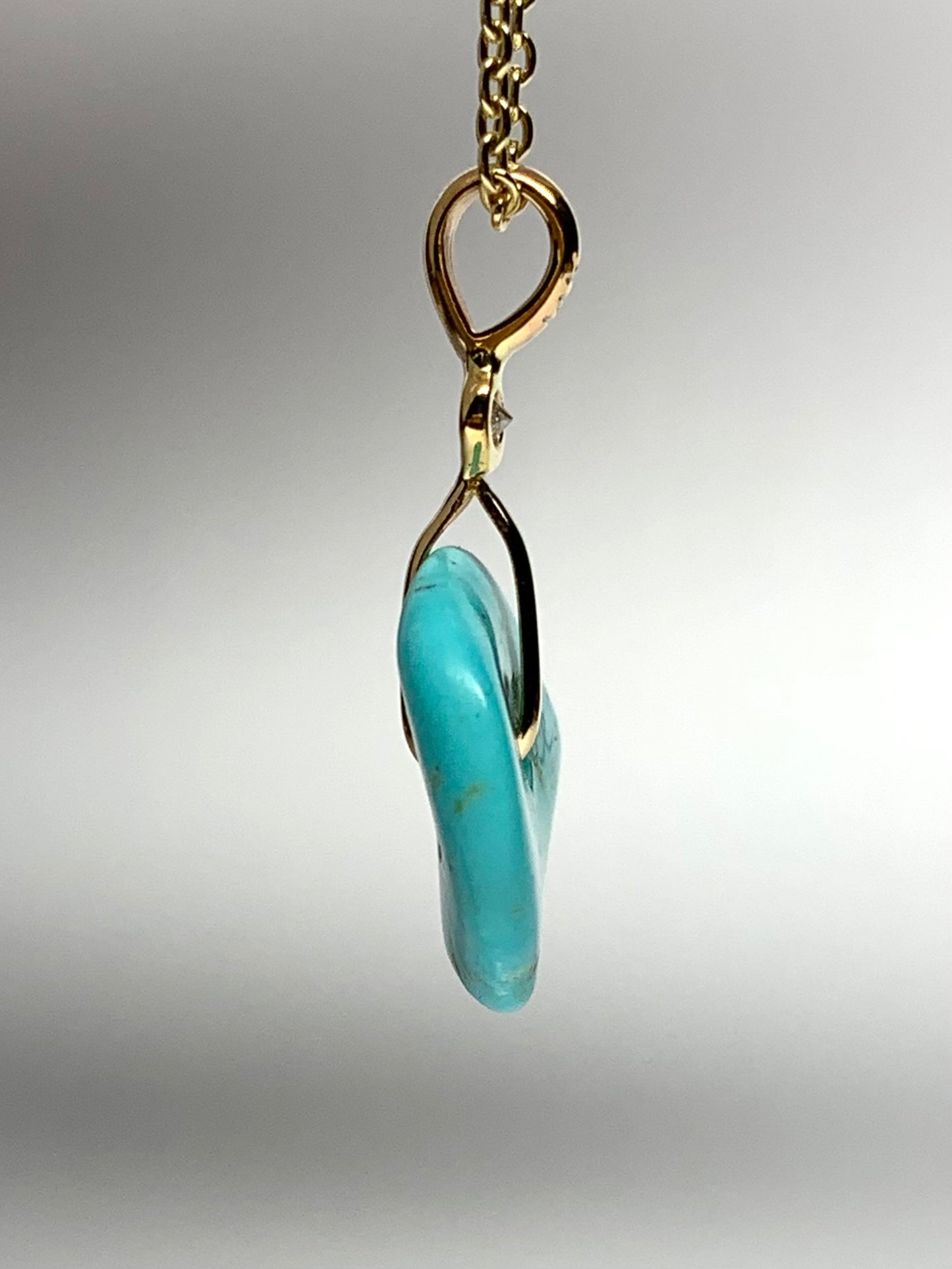 14K Solid Yellow Gold, White Diamond, Blue Turquoise “Donut” Mini Pendant