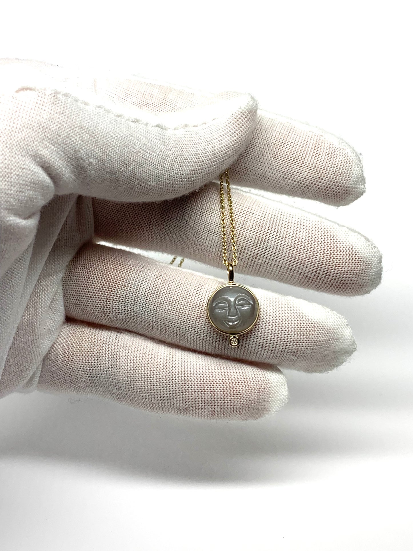 14k Solid Yellow Gold, White Diamond, Grey Moonstone “Moon and Star” Pendant, Small Size