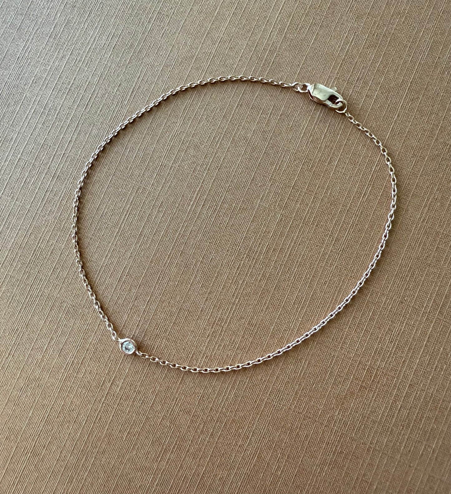 14K Solid Rose Gold, White Diamond Single Stone Chain Bracelet