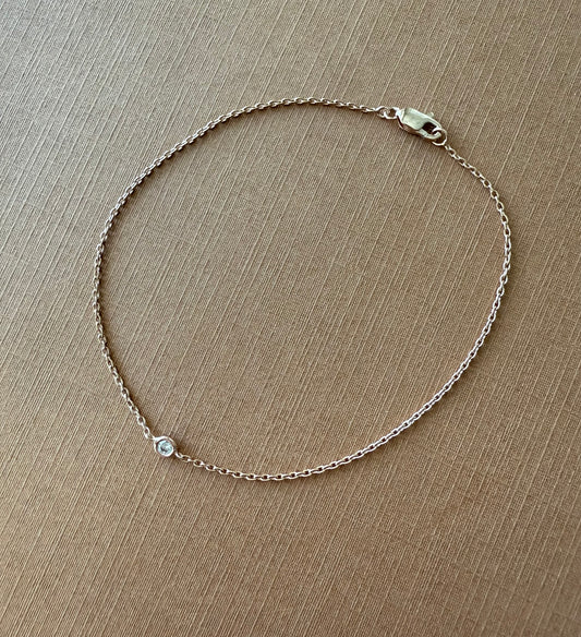 14K Solid Rose Gold, White Diamond Single Stone Chain Bracelet