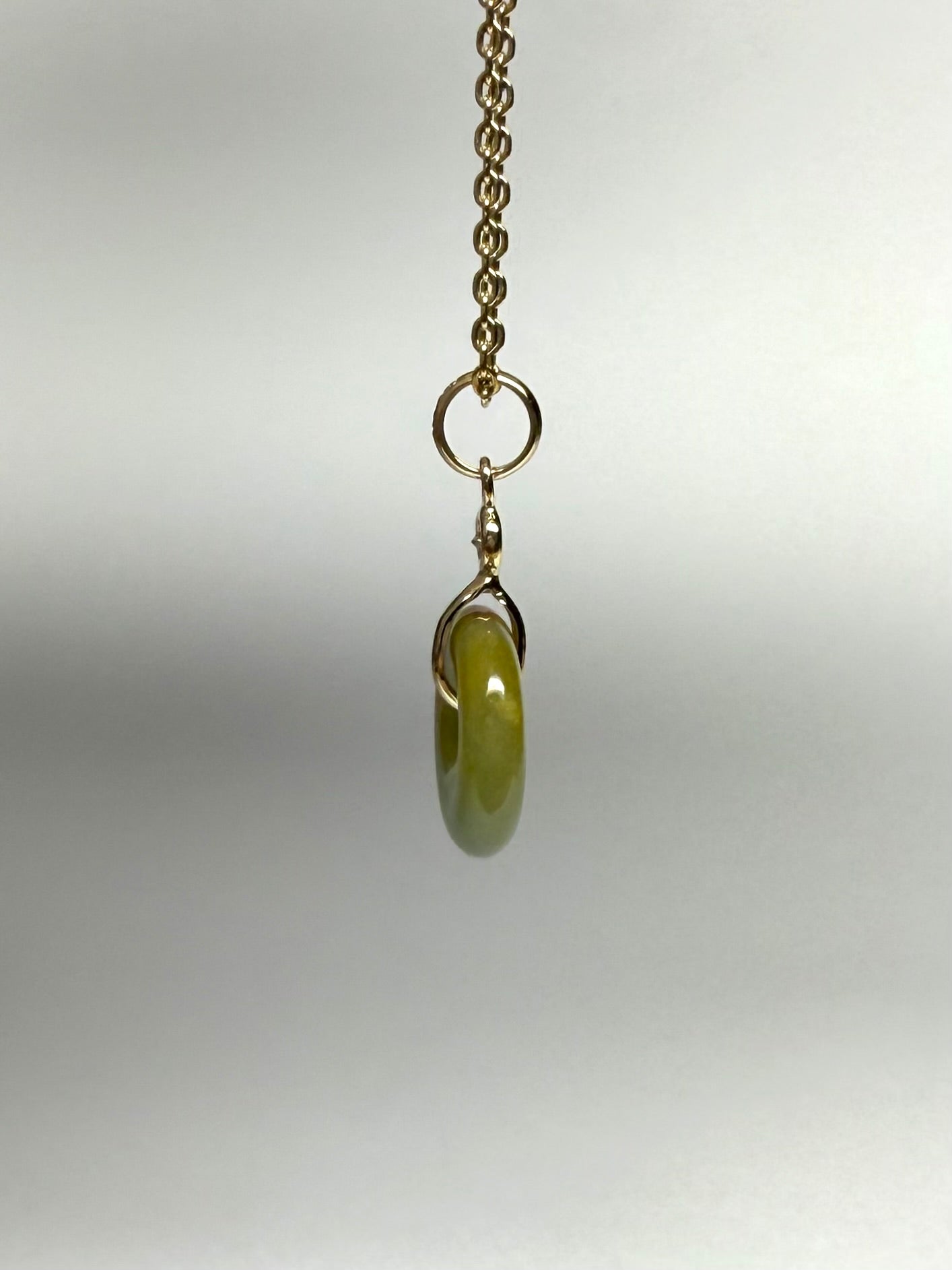 14k Solid Yellow Gold, White Diamond, Pale Green Jade “Donut” Pendant, Tiny Size
