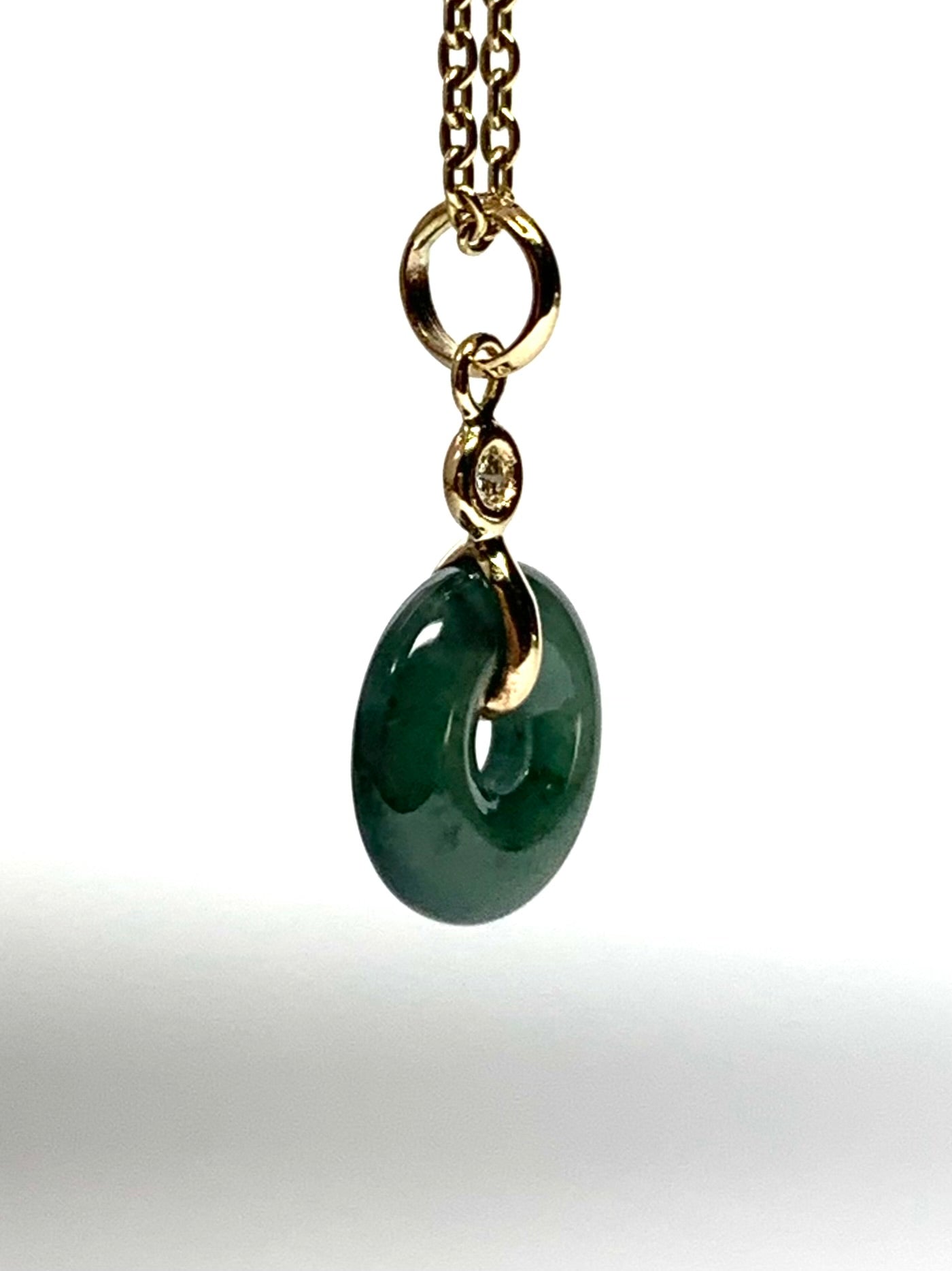14k Solid Yellow Gold, White Diamond, Pale Green Jade “Donut” Pendant, Tiny Size