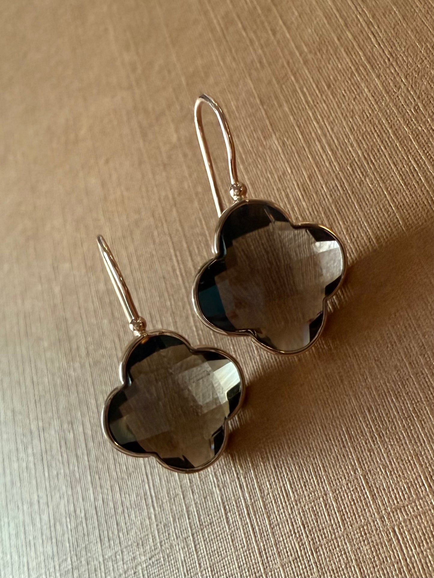14k Solid Rose Gold Smoky Quartz “Clover” Earrings, Checkerboard Cut, Fish Hook Ear Wires