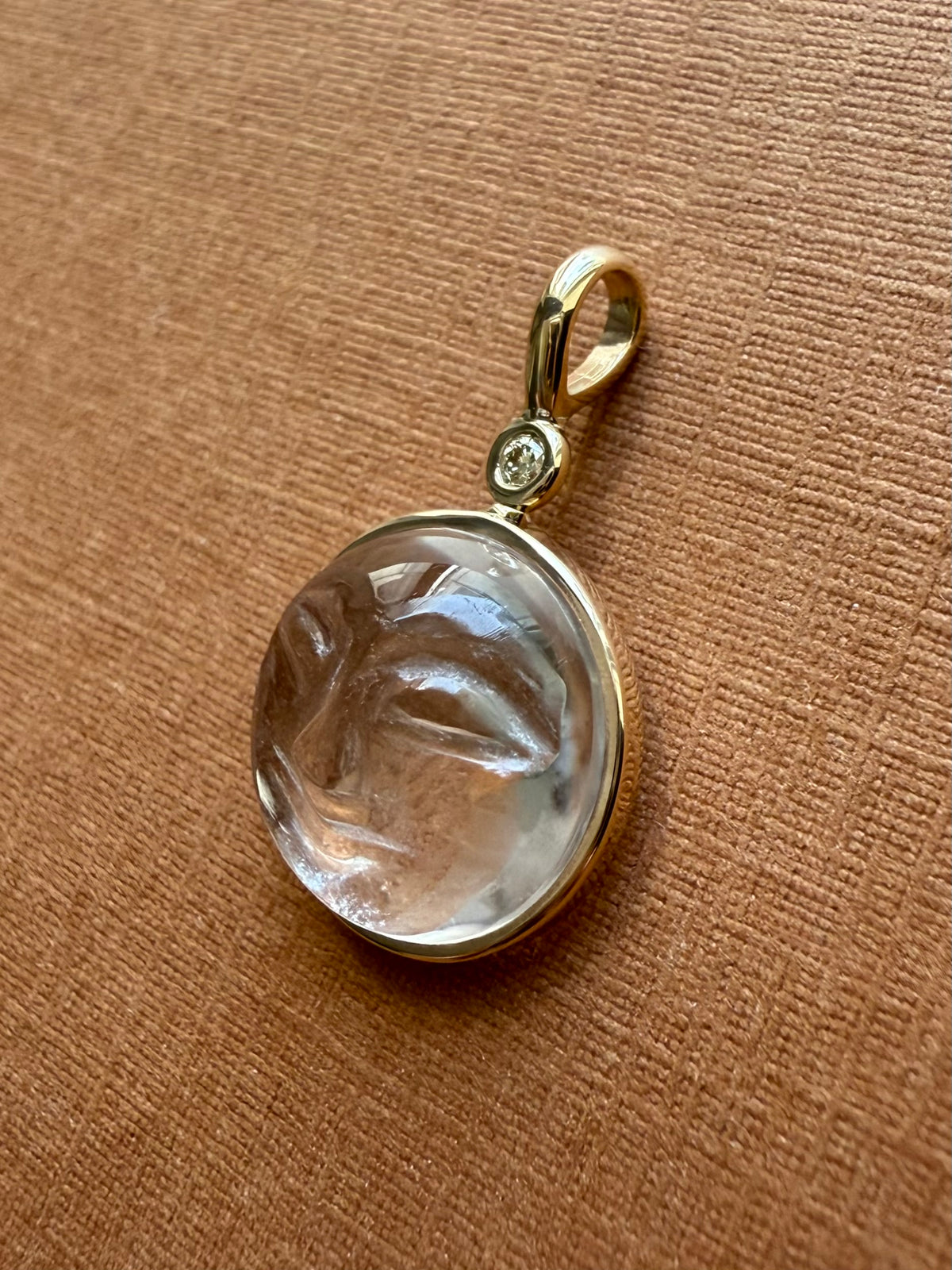 14k Solid Yellow Gold, Clear Quartz, White Diamond “Moon and Star” Pendant, Carved Face, Small Size