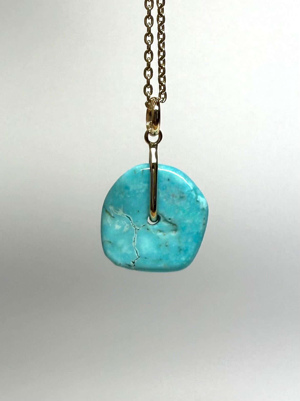 14K Solid Yellow Gold, Blue Turquoise “Donut” Mini Pendant
