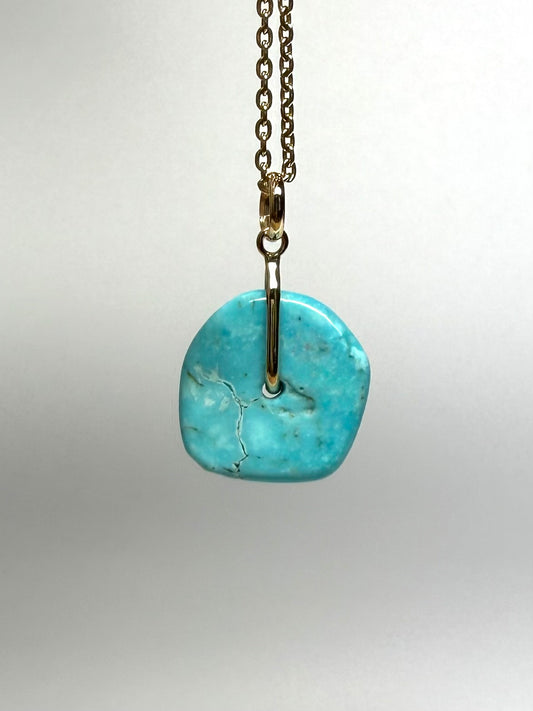 14K Solid Yellow Gold, Blue Turquoise “Donut” Mini Pendant