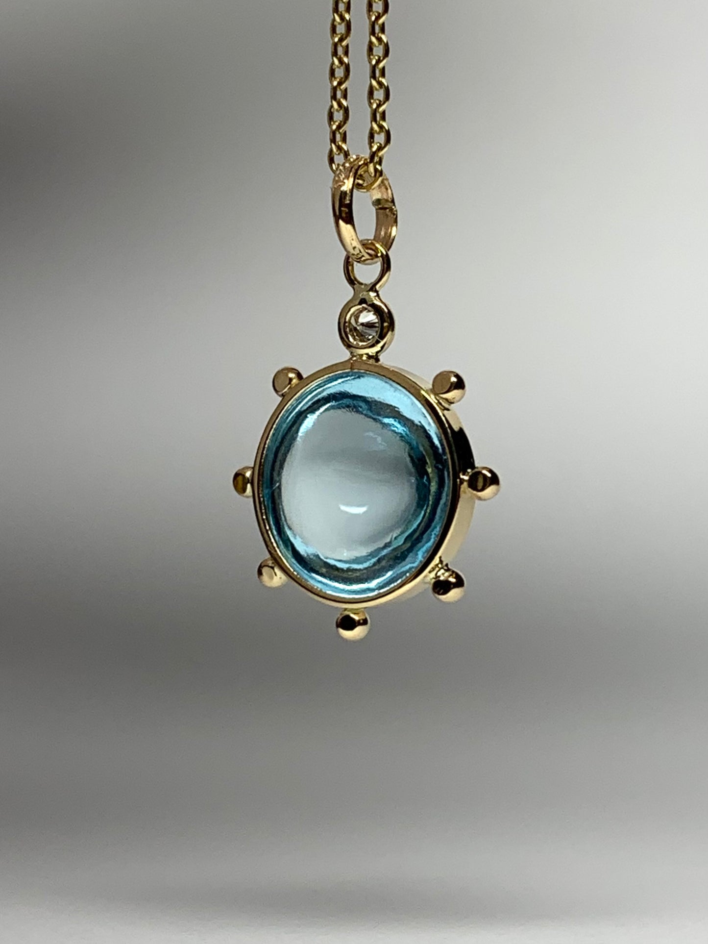 14k Solid Yellow Gold, Blue Topaz, Diamond “Sun” Pendant, Mini Size