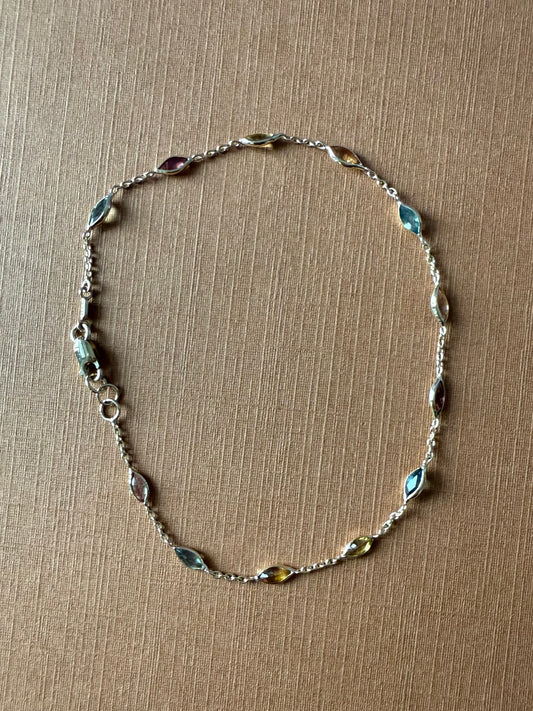 14k Solid Yellow Gold Bracelet, Multi Color Sapphire Marquis Gemstones