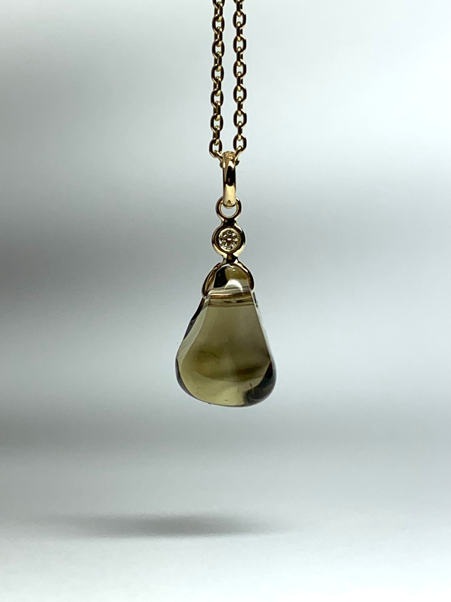14k Solid Yellow Gold, Diamond, Dark Lemon Quartz Tumbled Nugget Bead Pendant, Mini Size