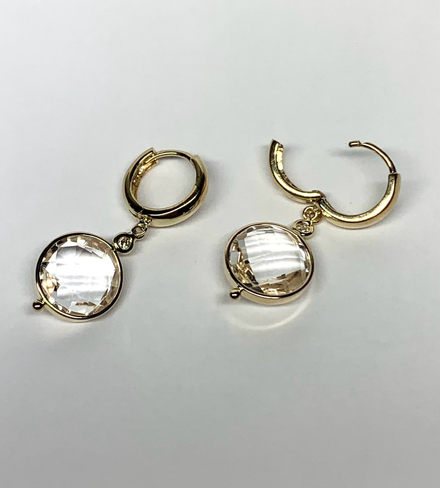14k Solid Yellow Gold, Natural Diamonds, Clear Quartz Dangling Drop Hoops Earrings