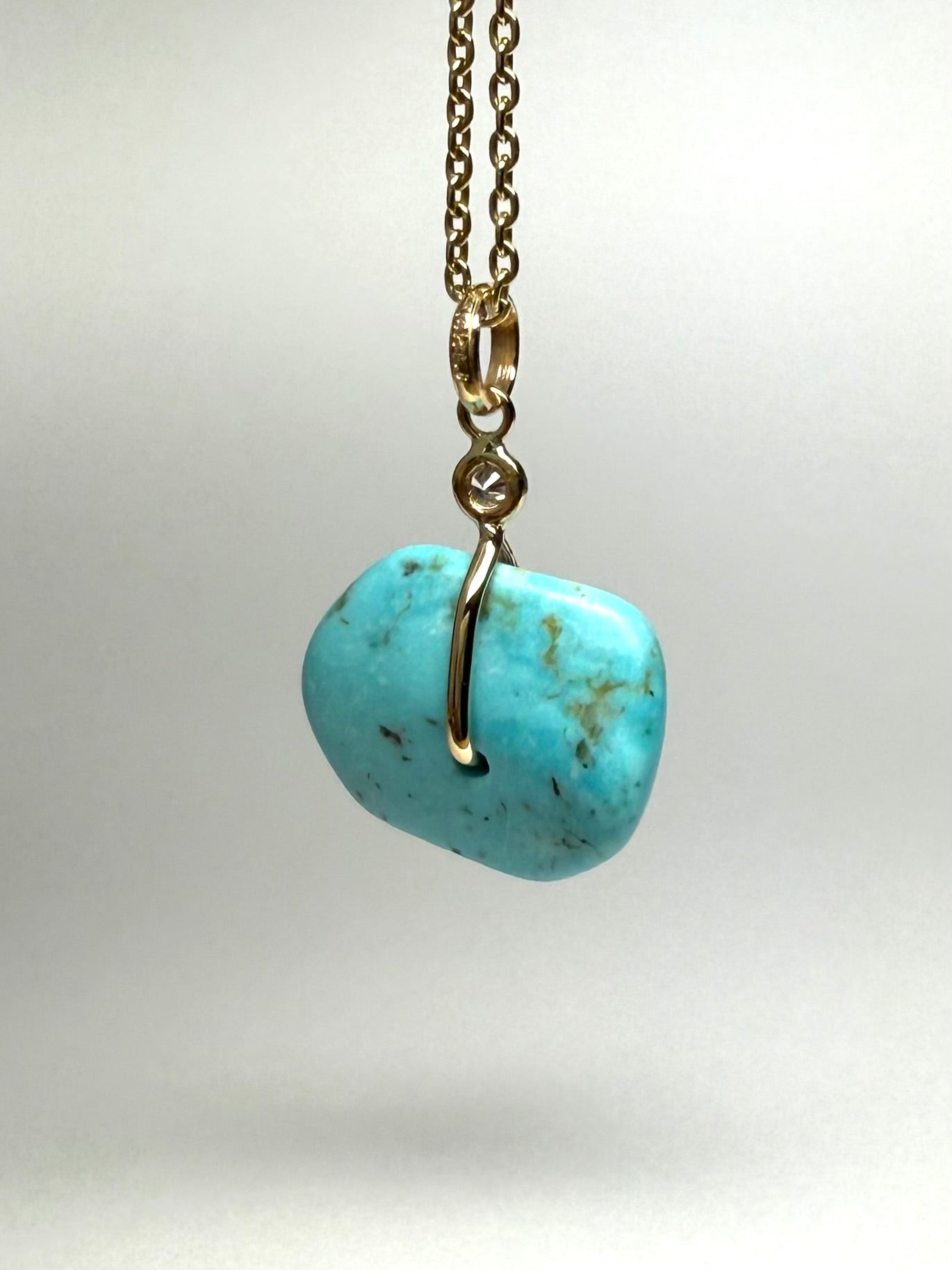 14K Solid Yellow Gold, White Diamond, Blue Turquoise “Donut” Mini Pendant