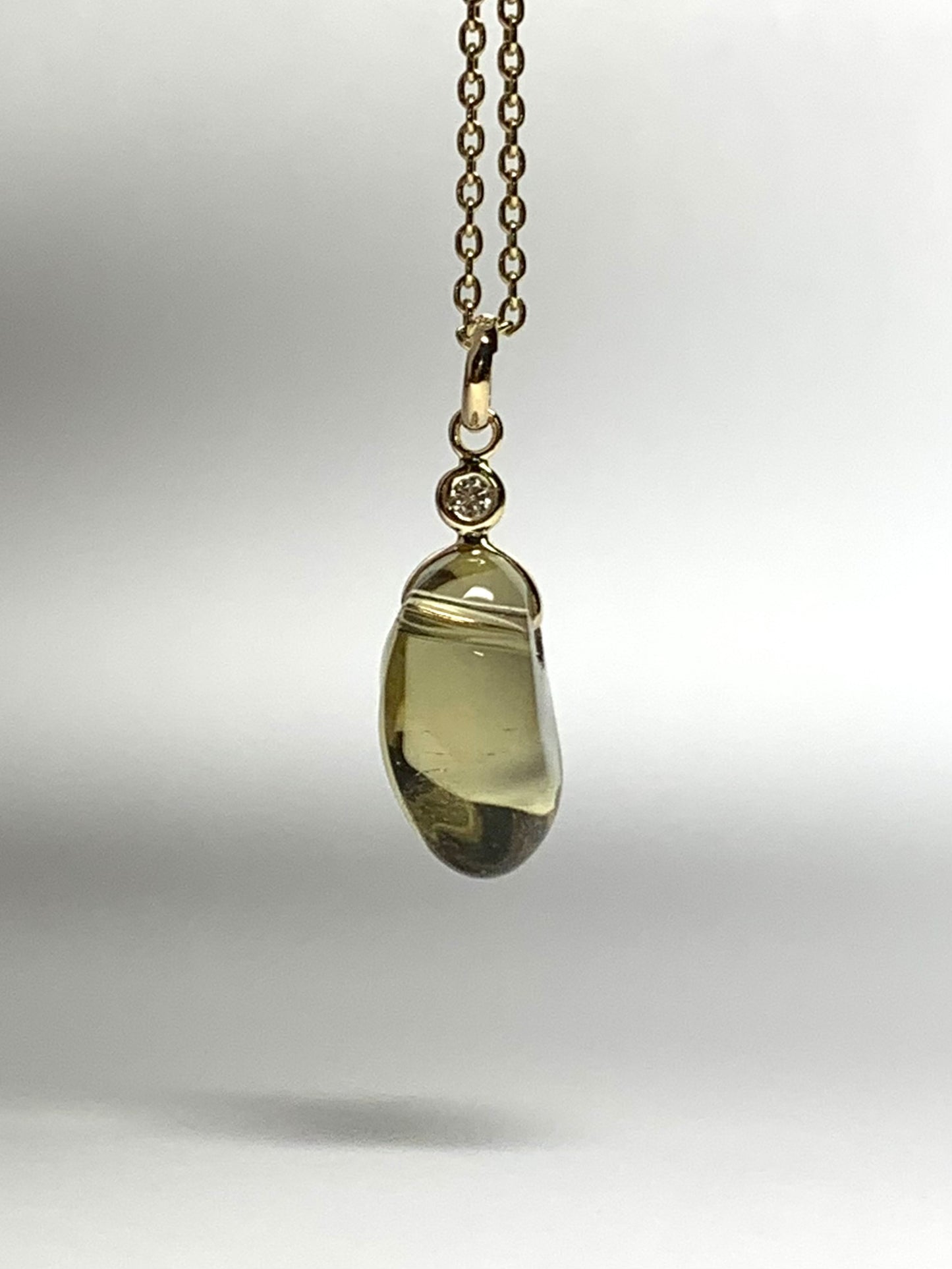 14k Solid Yellow Gold, Diamond, Lemon Quartz Tumbled Nugget Bead Pendant, Mini Size