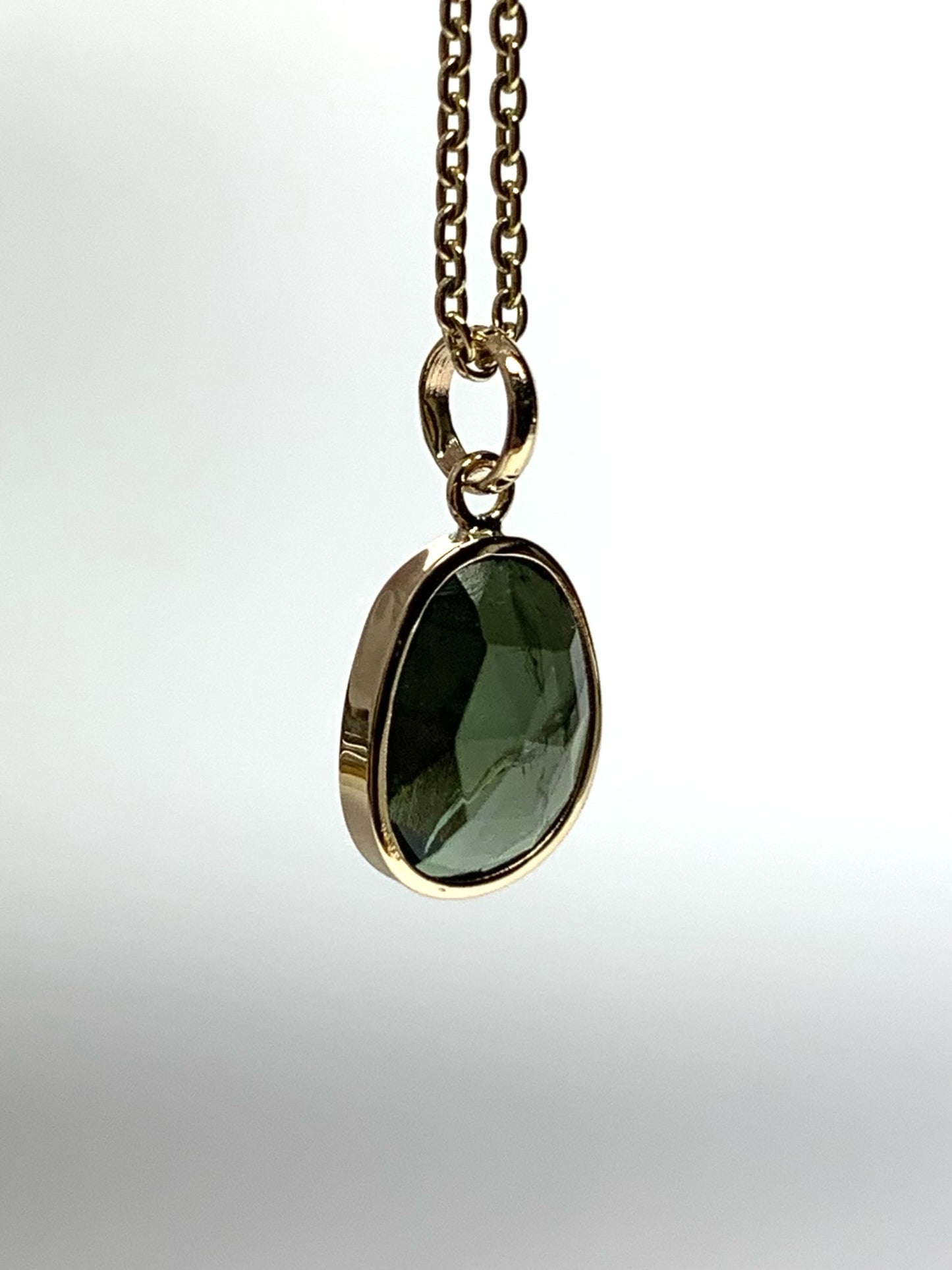 14k Solid Yellow Gold, Natural Dark Green Tourmaline Mini Pendant