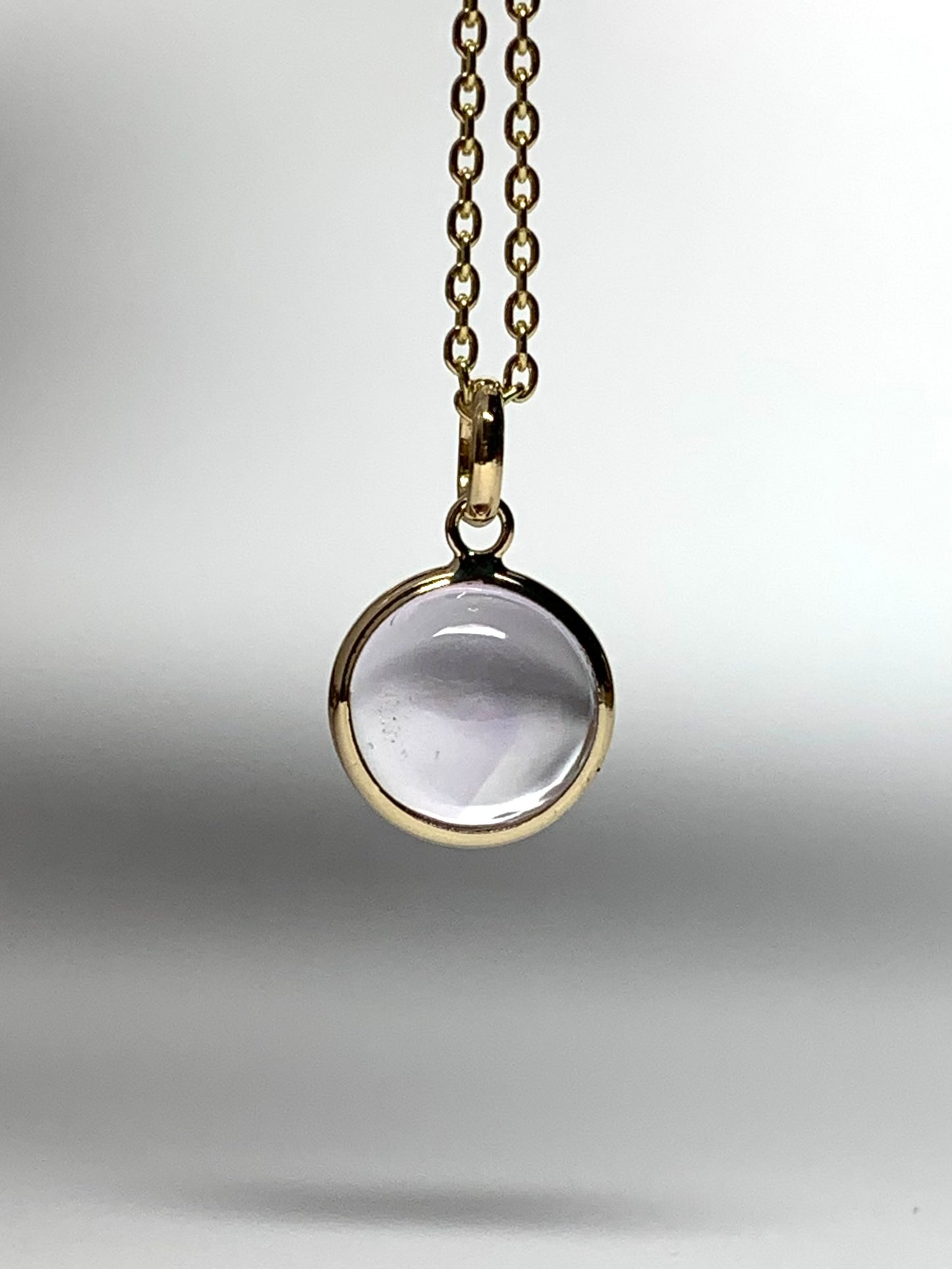 14k Solid Yellow Gold, Pink Amethyst Round Cabochon Mini Pendant
