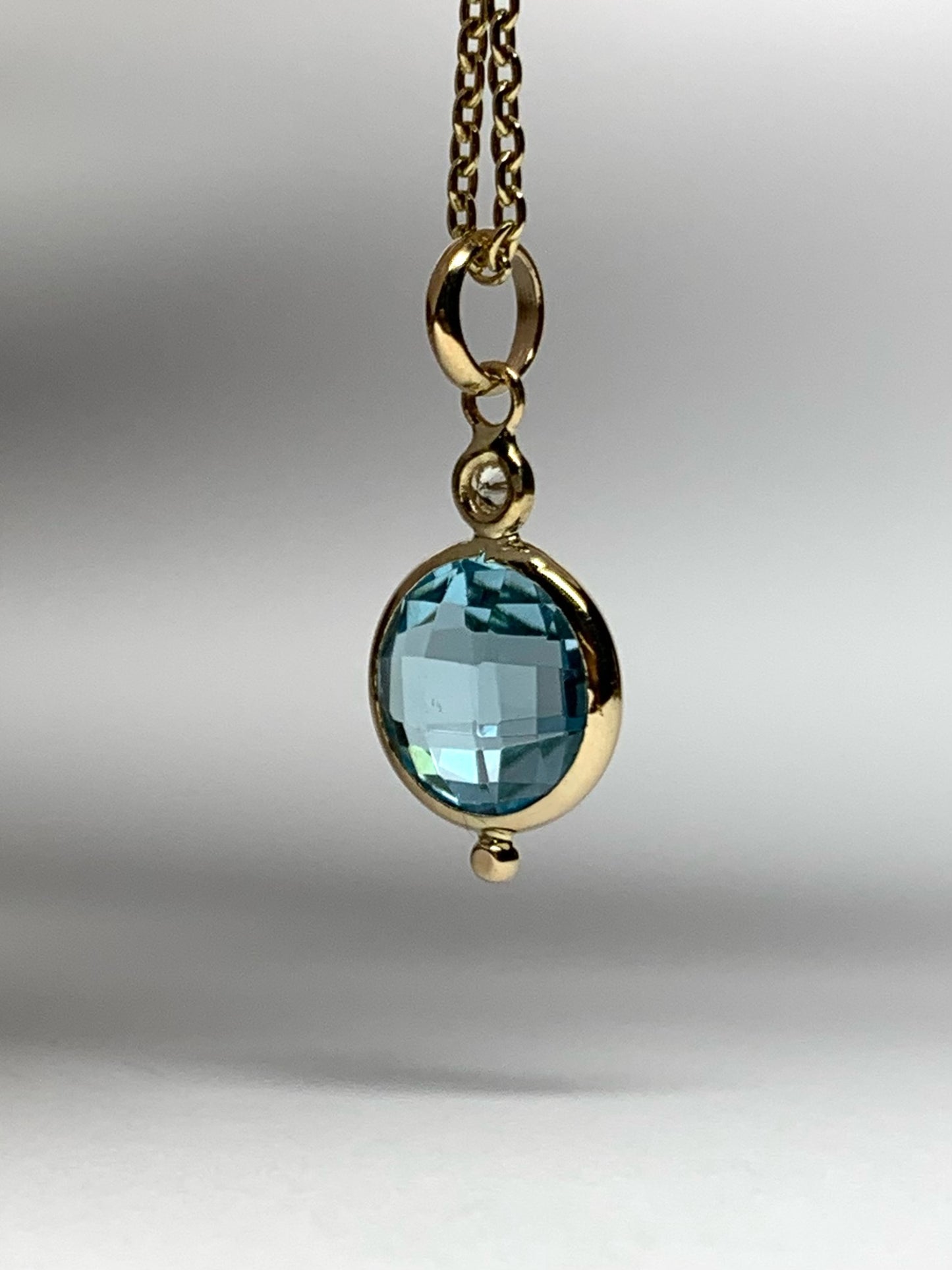 14K Solid Yellow Gold, Diamond, Blue Topaz Mini Pendant