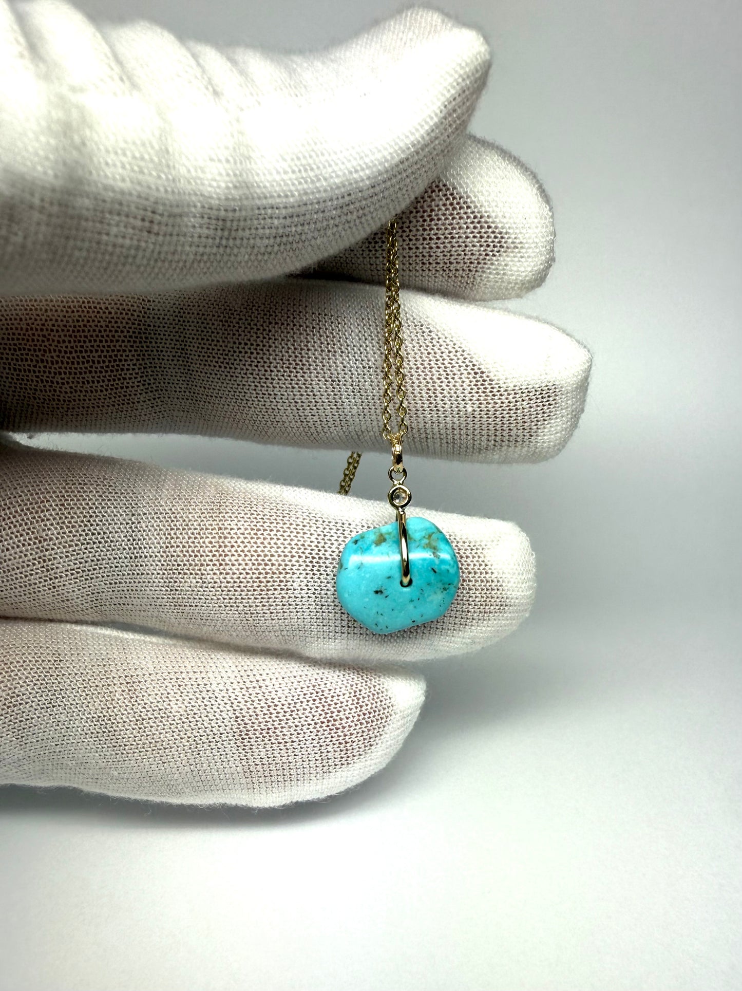 14K Solid Yellow Gold, White Diamond, Blue Turquoise “Donut” Mini Pendant
