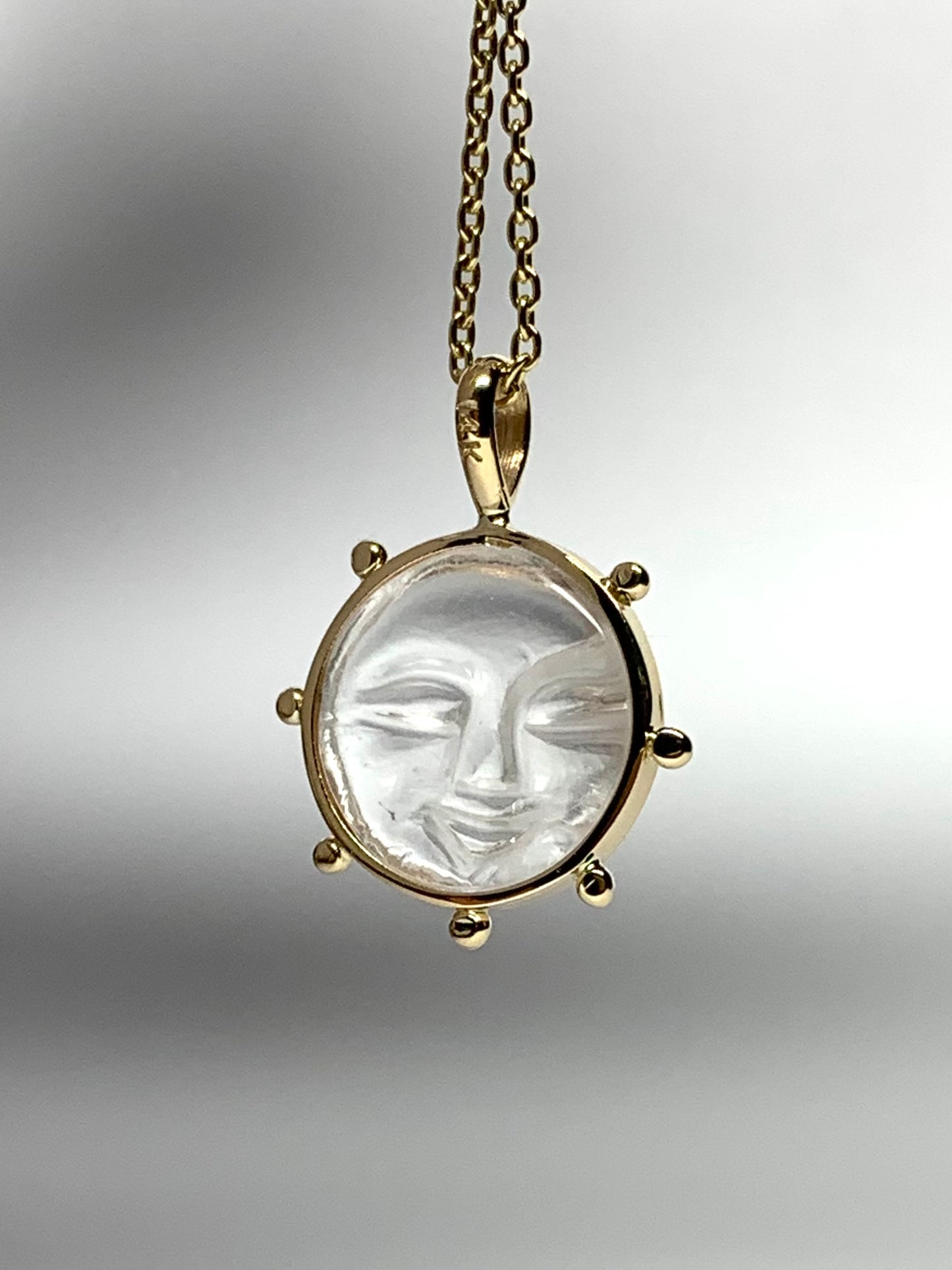 14K Solid Yellow Gold, Natural Clear Quartz “Sun” Pendant, Small Size