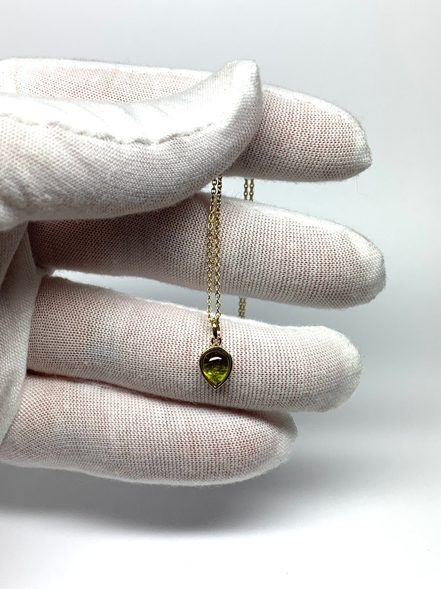 14k Solid Yellow Gold, Natural Green Tourmaline Pear Cabochon Tiny Pendant