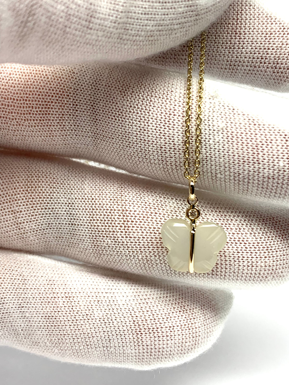 14k Solid Yellow Gold, Diamond, White Moonstone “Butterfly” Mini Pendant, Hand Carved