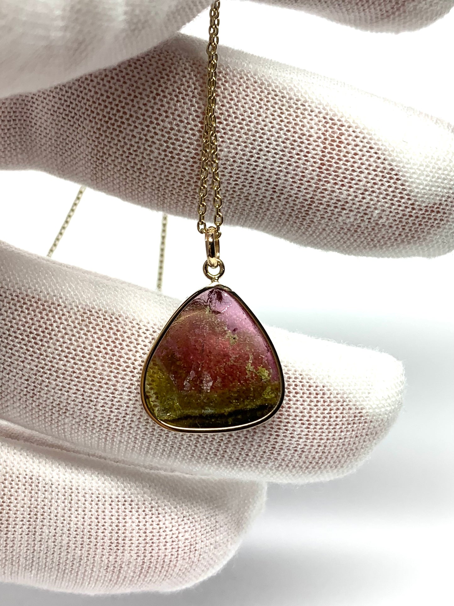 14k Solid Yellow Gold, Natural Pink Green Tourmaline Pendant