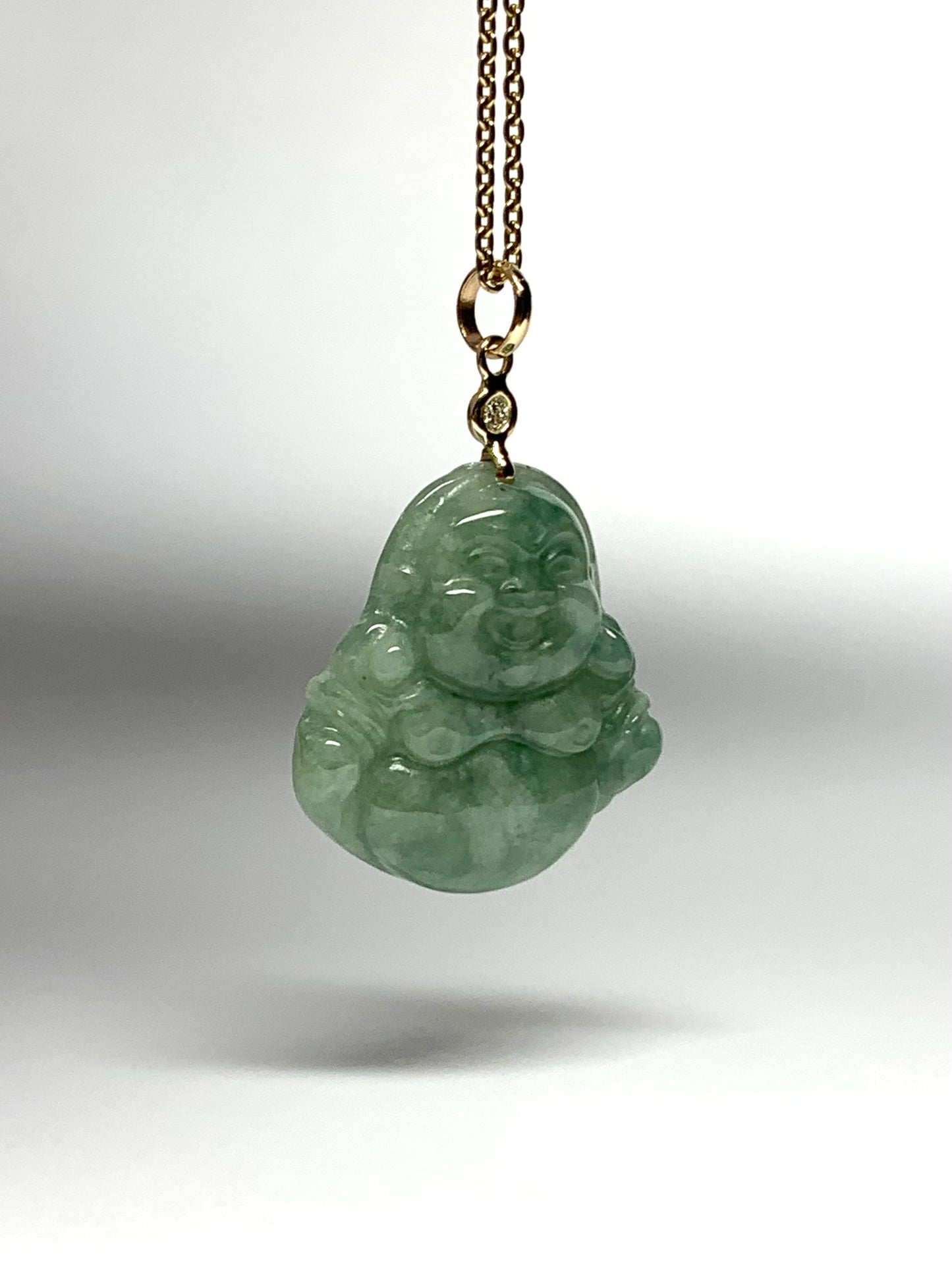 14K Solid Yellow Gold, Diamond, Pale Green Jade “Buddha” Pendant