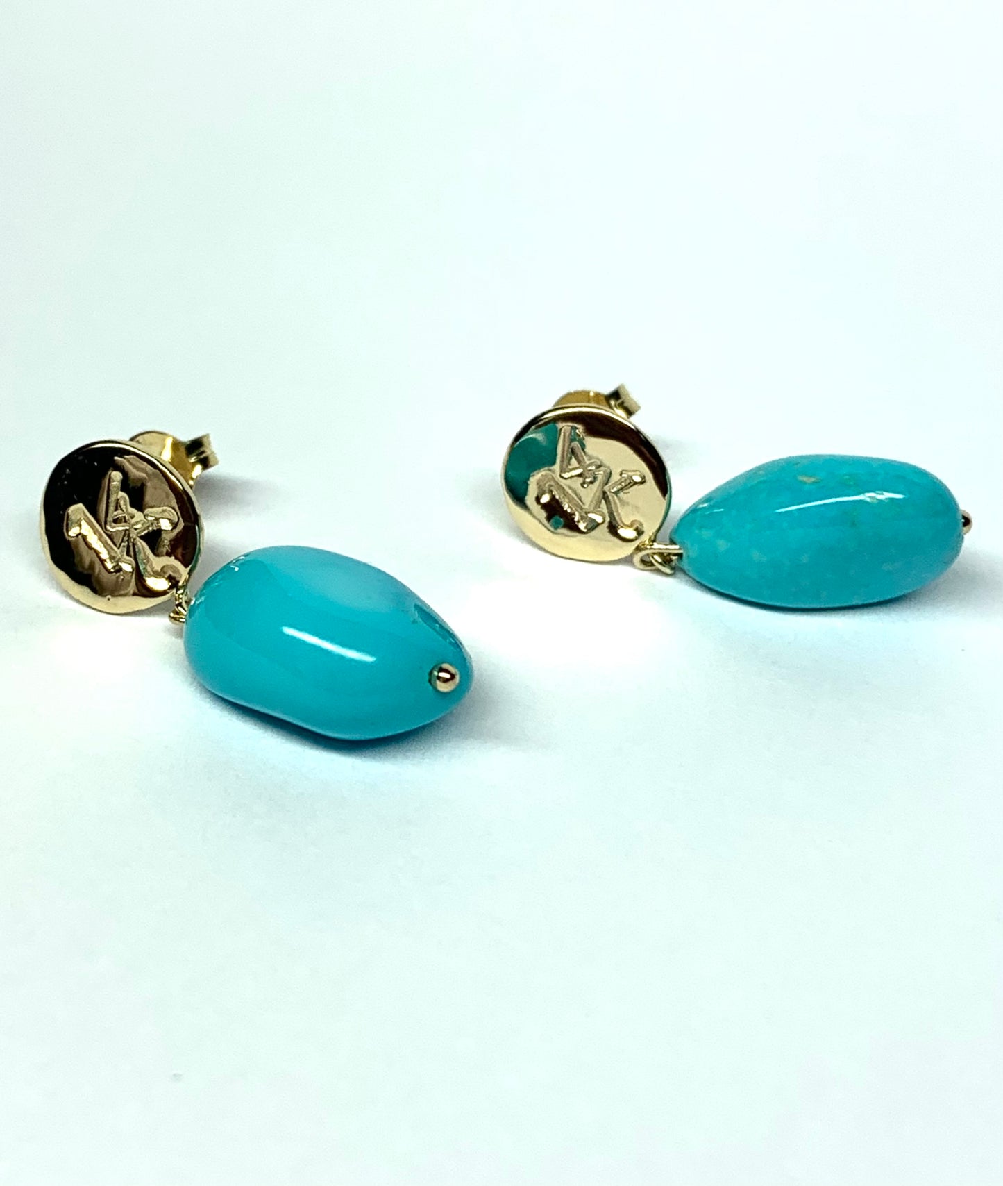 14k Solid Yellow Gold Nuggets, Natural Sleeping Beauty Turquoise Drop Earrings