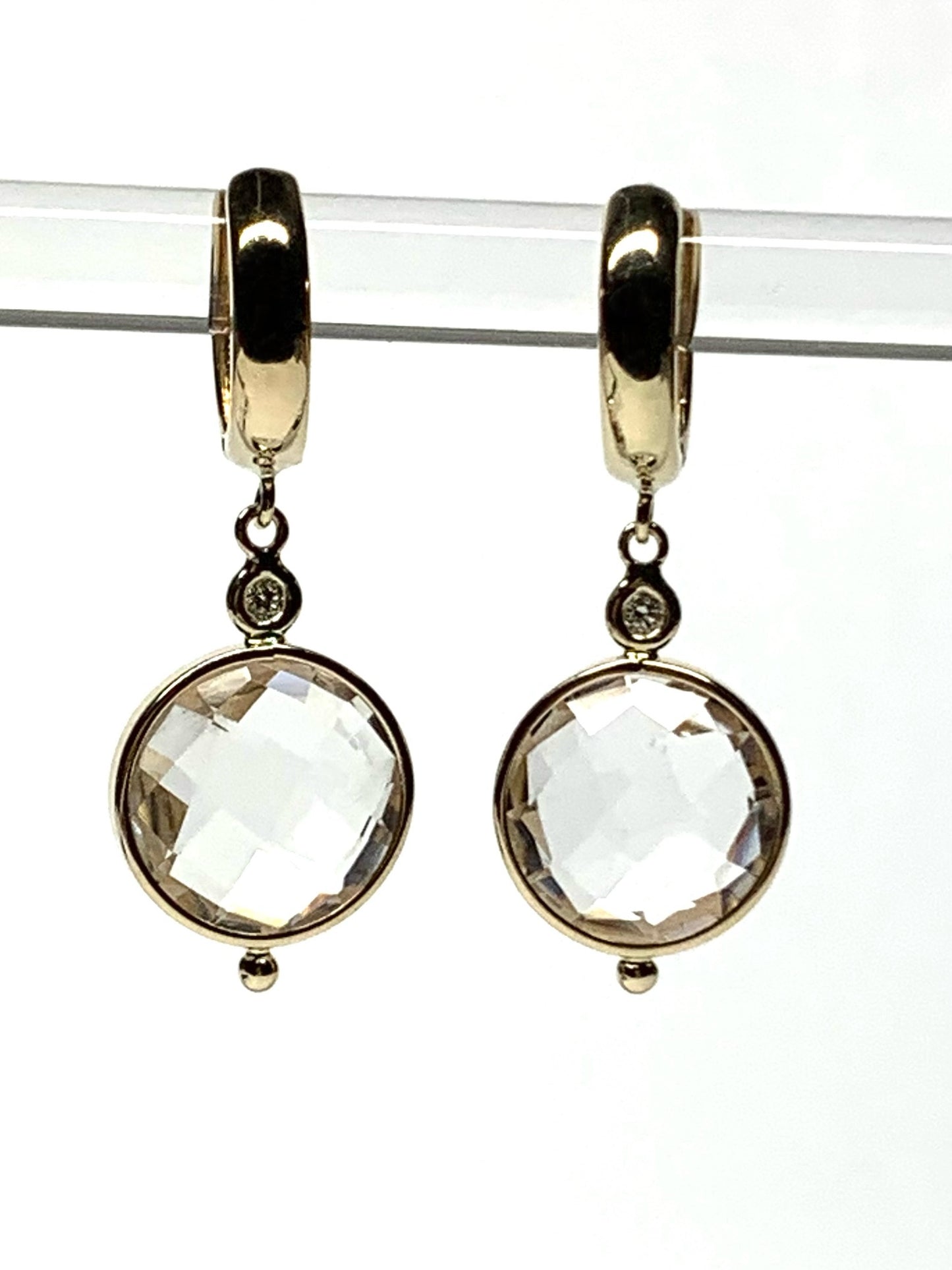 14k Solid Yellow Gold, Natural Diamonds, Clear Quartz Dangling Drop Hoops Earrings