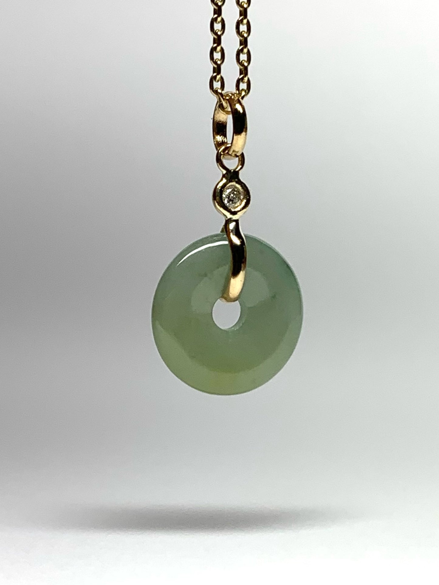 14k Solid Yellow Gold, White Diamond, Pale Green Jade “Donut” Pendant, Tiny Size
