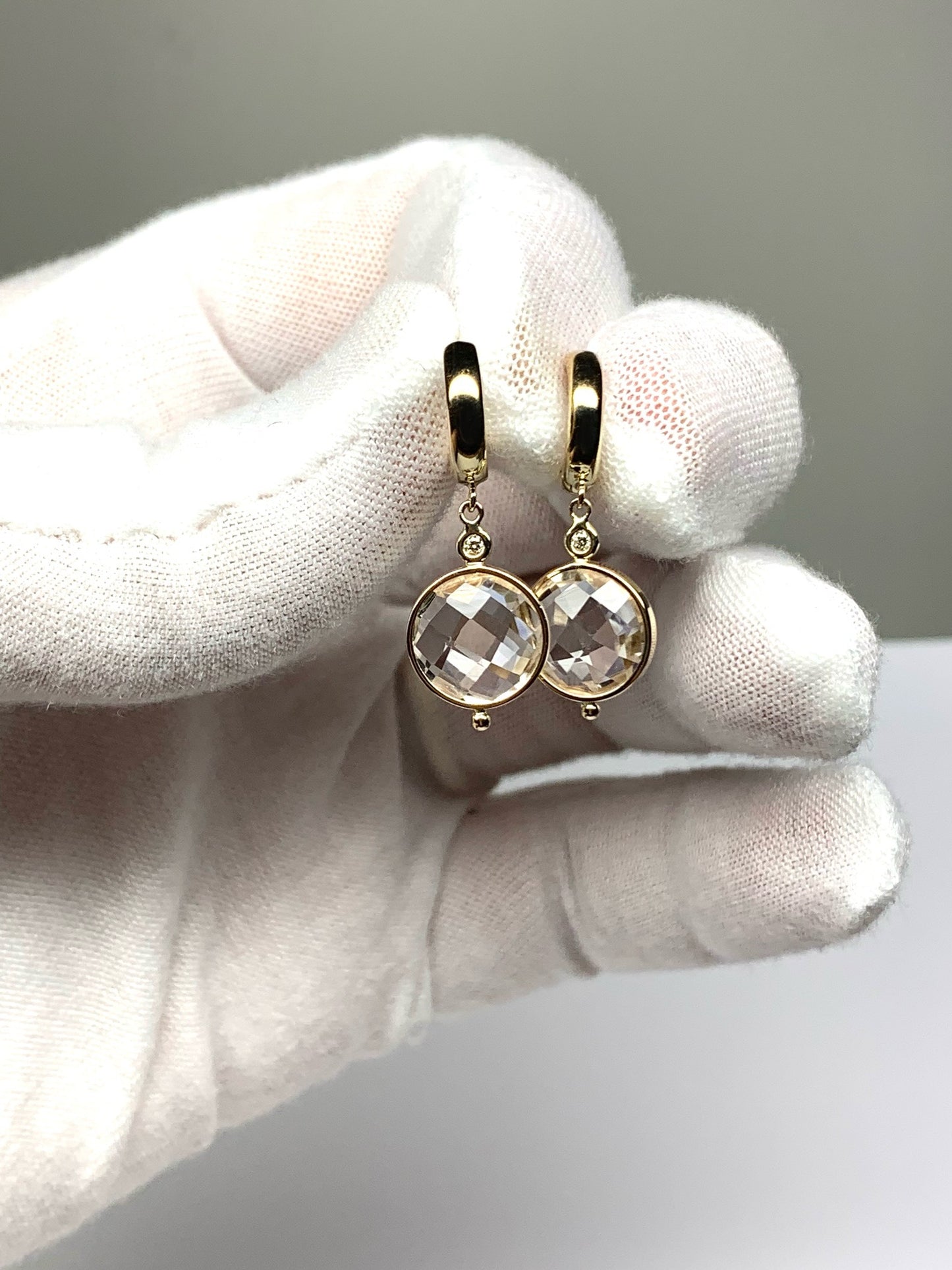 14k Solid Yellow Gold, Natural Diamonds, Clear Quartz Dangling Drop Hoops Earrings