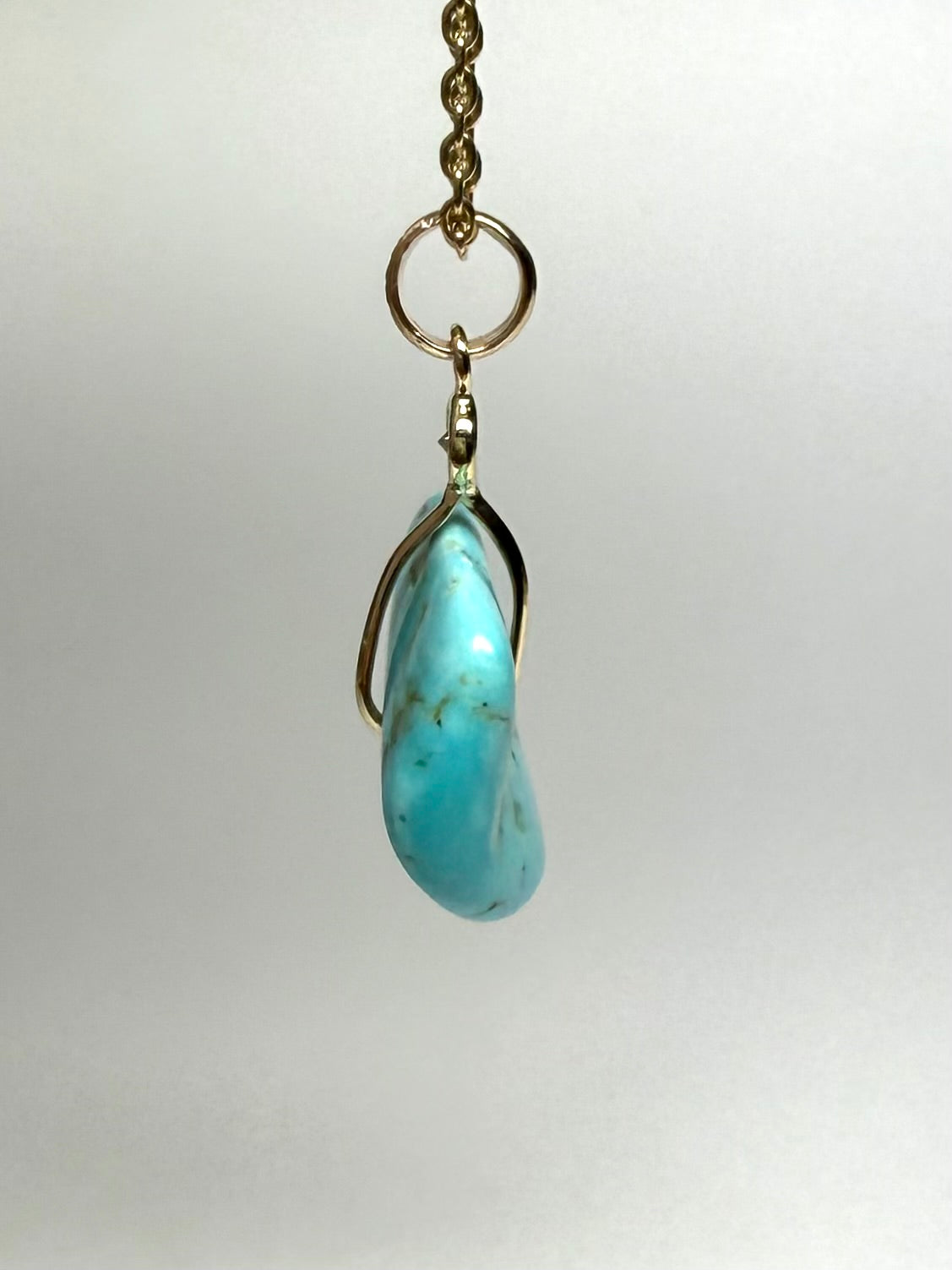 14K Solid Yellow Gold, White Diamond, Blue Turquoise “Donut” Mini Pendant