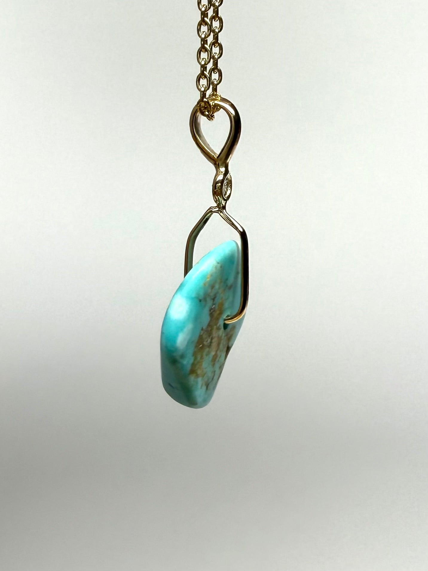 14K Solid Yellow Gold, White Diamond, Blue Turquoise “Donut” Mini Pendant