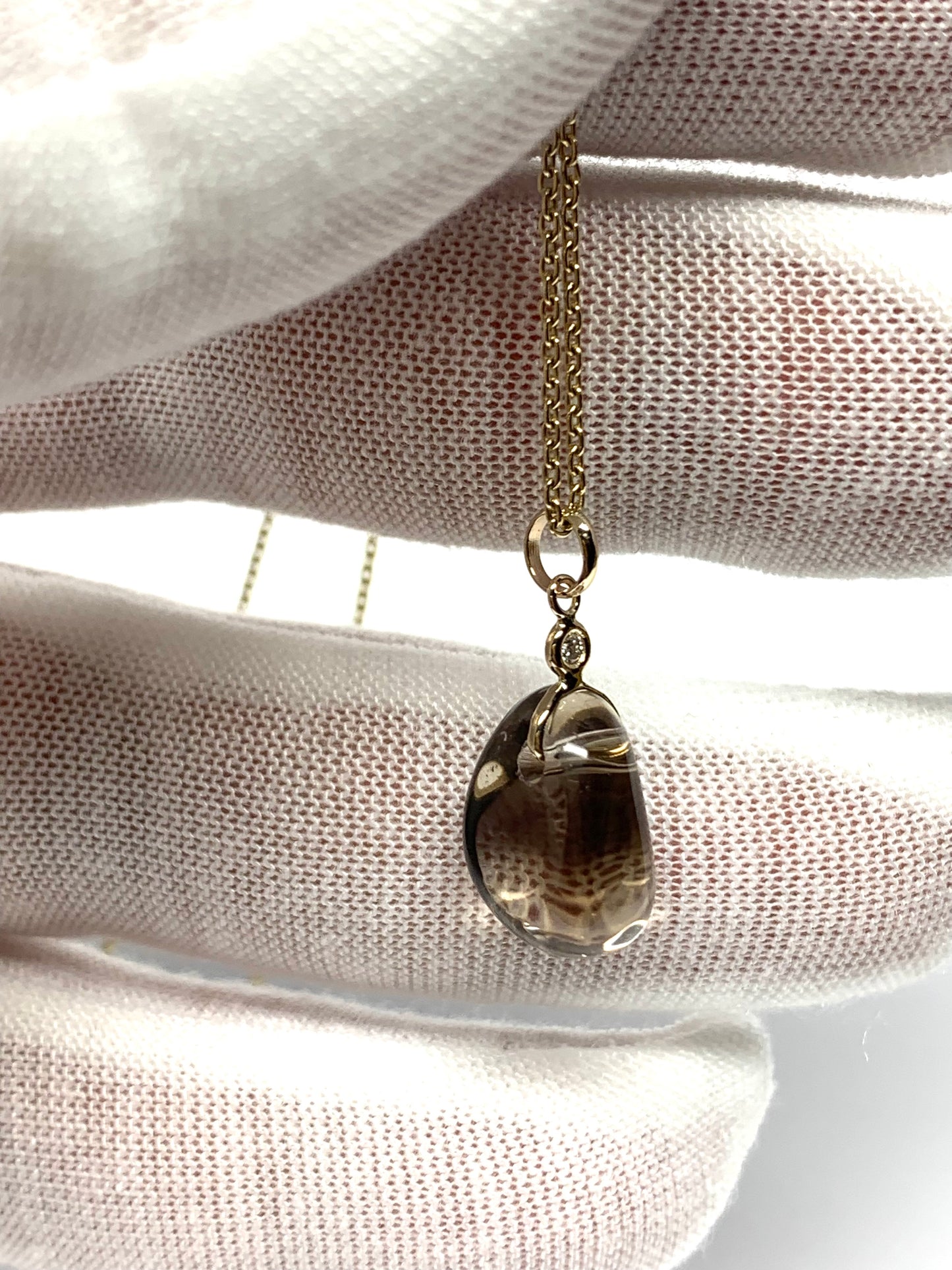 14k Solid Yellow Gold, Diamond, Smoky Quartz Tumbled Nugget Bead Pendant, Mini Size