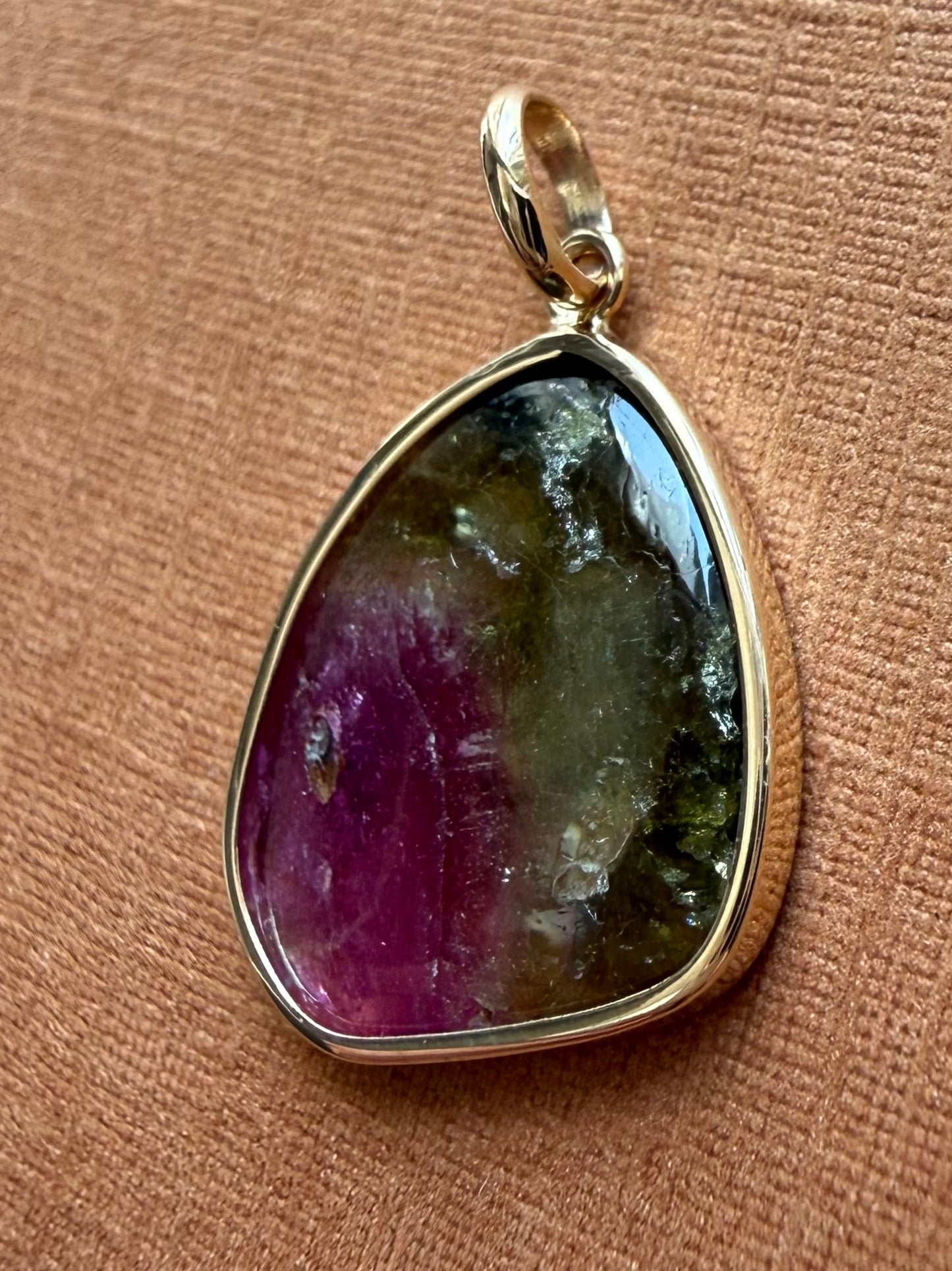 14k Solid Yellow Gold, Natural Pink Green Tourmaline Pendant