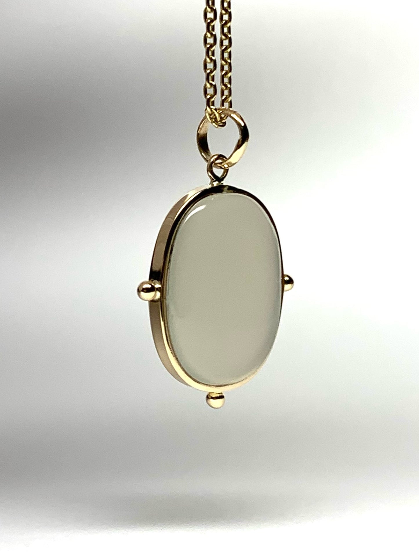 14k Solid Yellow Gold, White Moonstone Flat Cabochon Pendant, With Golden Dots