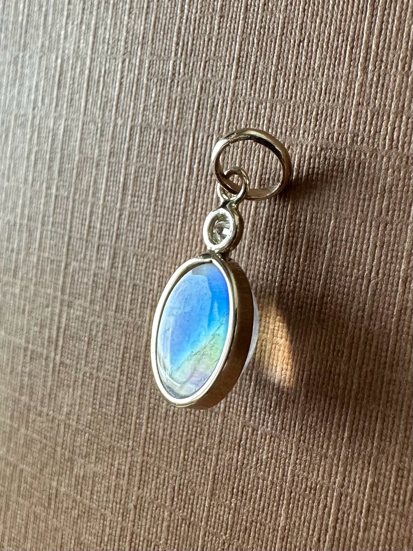 Tiny 14k Solid Yellow Gold, Diamond, Oval Blue Rainbow Moonstone Mini Pendant