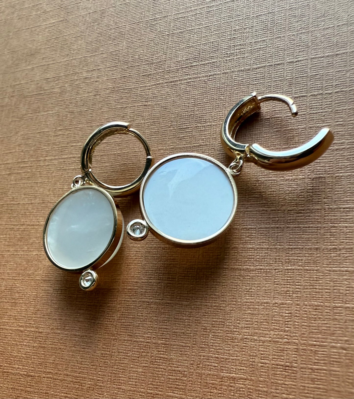 14k Solid Yellow Gold, Diamonds, White Moonstone “Moon and Star” Mini Earrings